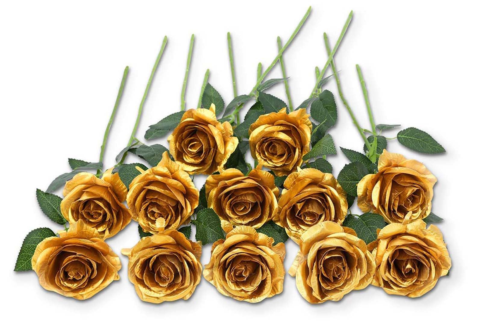 Laelfe 12 PCS Artificial Flowers Gold Roses Fake Silk Flower Long Stem Artificial Roses for Home Wendding Bathroom Party Decorations (Gold)