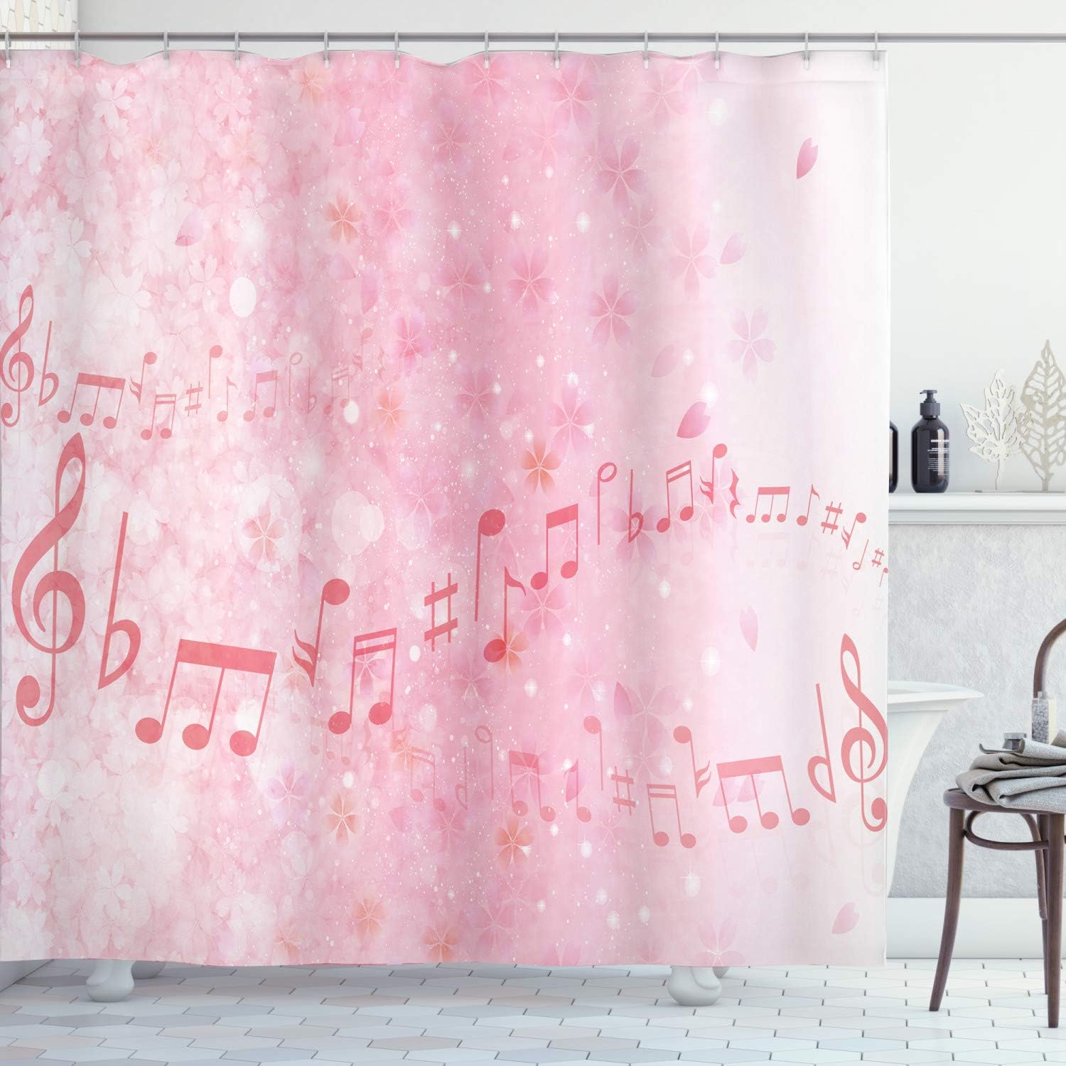 Ambesonne Pale Pink Shower Curtain, Music Notes Pitch on Romantic Floral Background Classic Rhythm Art Inspiration, Cloth Fabric Bathroom Decor Set with Hooks, 69" W x 70" L, Pale Pink