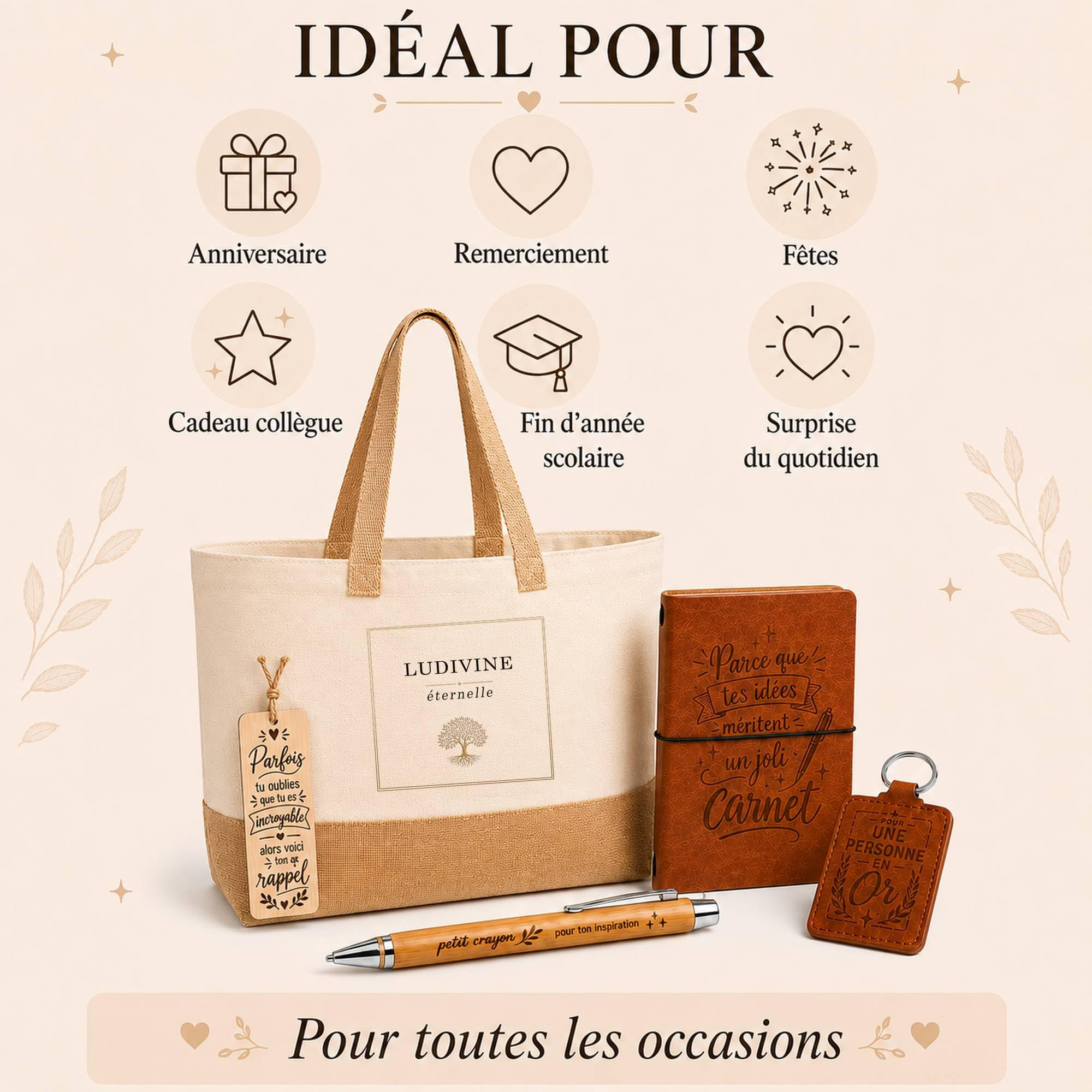 Planetee Coffret Cadeau Ludivine Éternelle | Sac Cabas Coton et Jute 18 L, Carnet, Stylo Bambou, Porte-Clés, Marque-Page | 5 Pièces Gravées | Anniversaire Noël