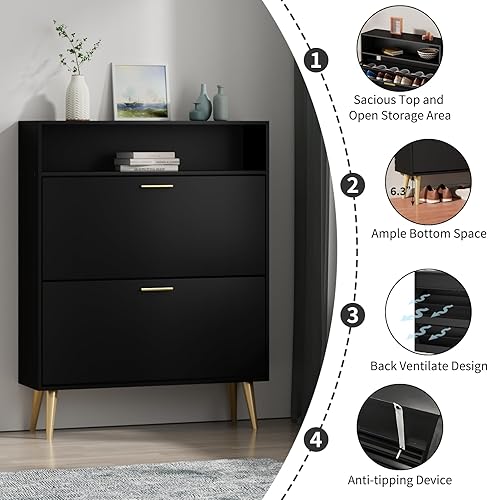 Vista 57 de JOZZBY Armario de zapatos para entrada, armario de almacenamiento de zapatos estrecho negro con 2 cajones abatibles y estantes abiertos, organizador