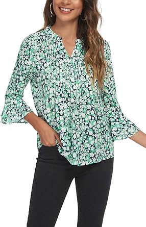 olrain Womens ‌Pleated Floral Print Boho Blouse V-neck Swing