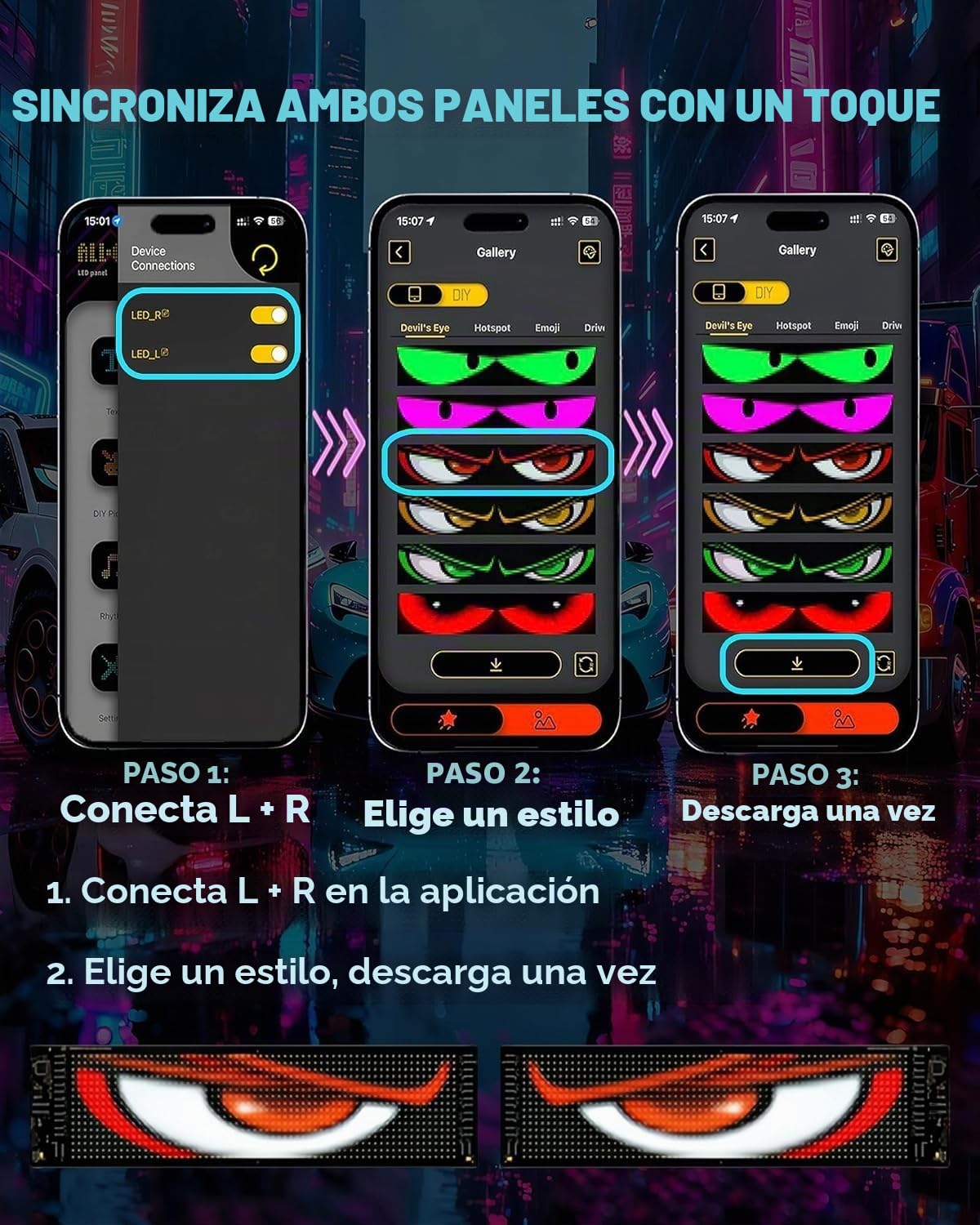 2 Piezas Ojos LED para Camión 120 x 595 mm, Pantalla LED Programable con App y Control Remoto, Devil Eyes para Coche y Camión, Diseño Dinámico DIY, Gran Panel Decorativo Exterior para Vehículos