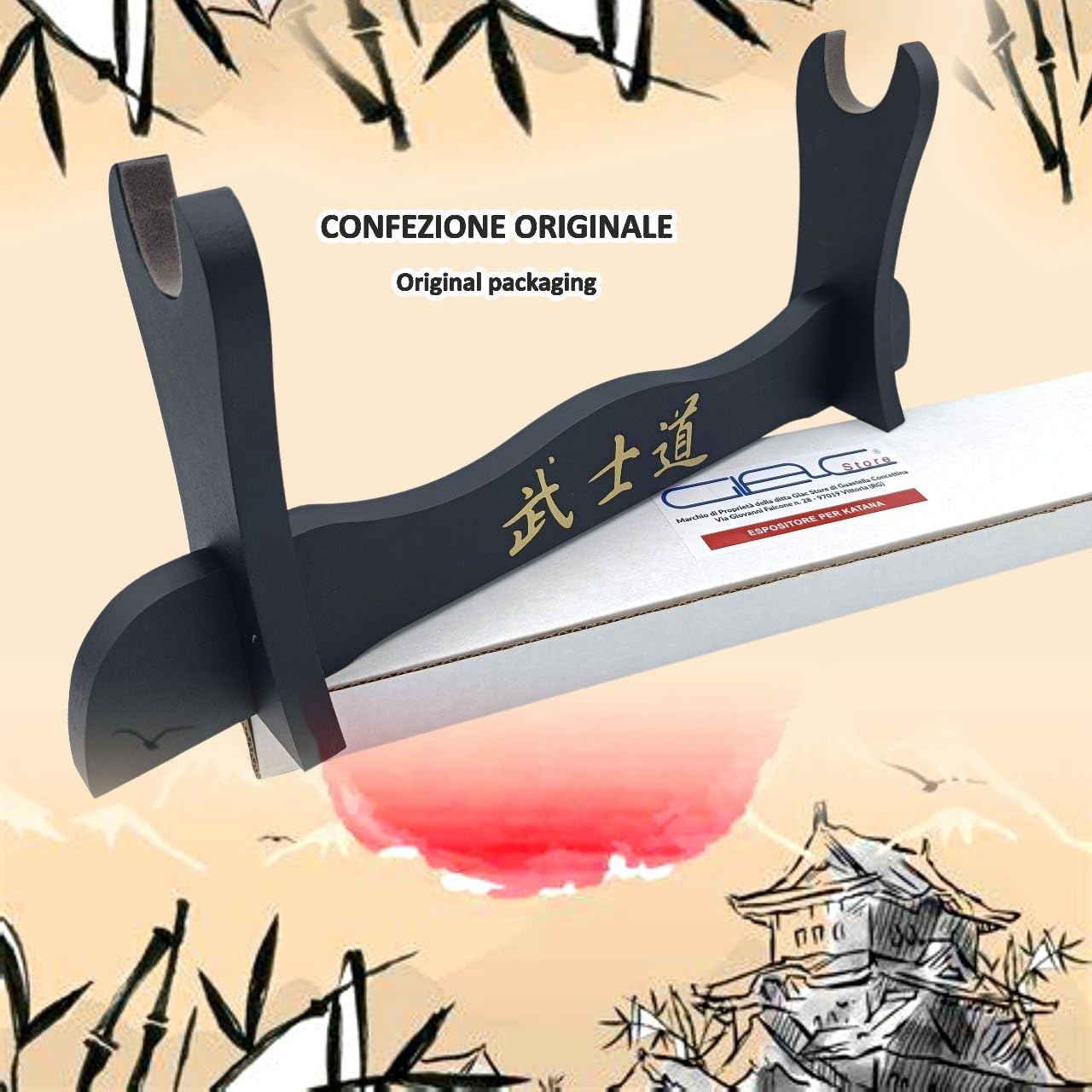 Espositore Supporto Piedistallo 1 Posto Velluto Grigio Scuro Scamosciato da Tavolo per Katana tipo Ultimo Samurai Miyamoto Musashi in Legno Scritte Giapponese e Ricambio