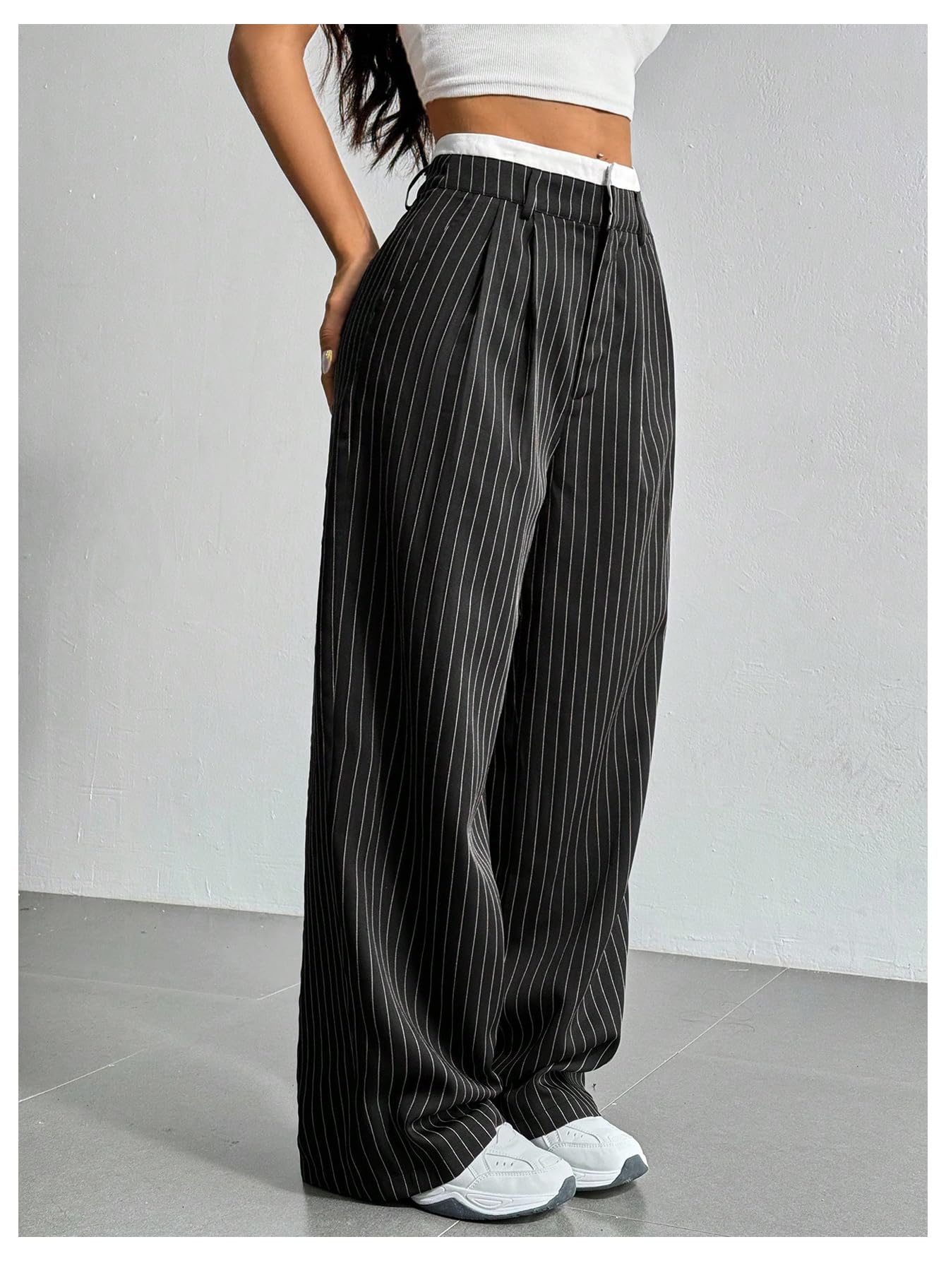 SOLY HUX Women's Striped Pants Color Block High Waisted Wide Leg Casual Work Office Long Trousers