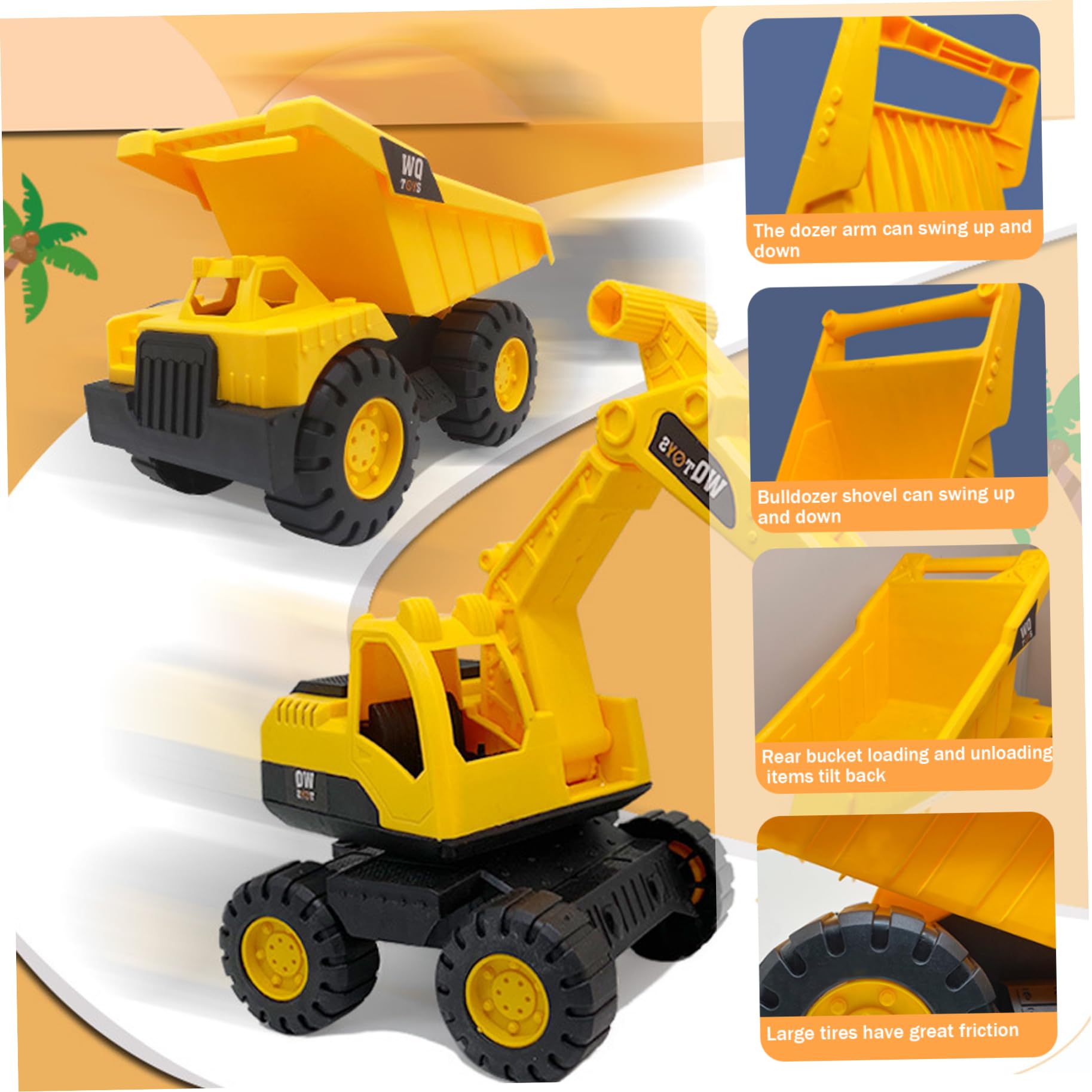 Lot de 3 Voitures Jouets Robustes à Bords Lisses pour Sable de Plage avec pièces Mobiles - Voitures Construction Orange à inertie Comprenant Une Pelle, Un Bulldozer et Un Camion (Grand)