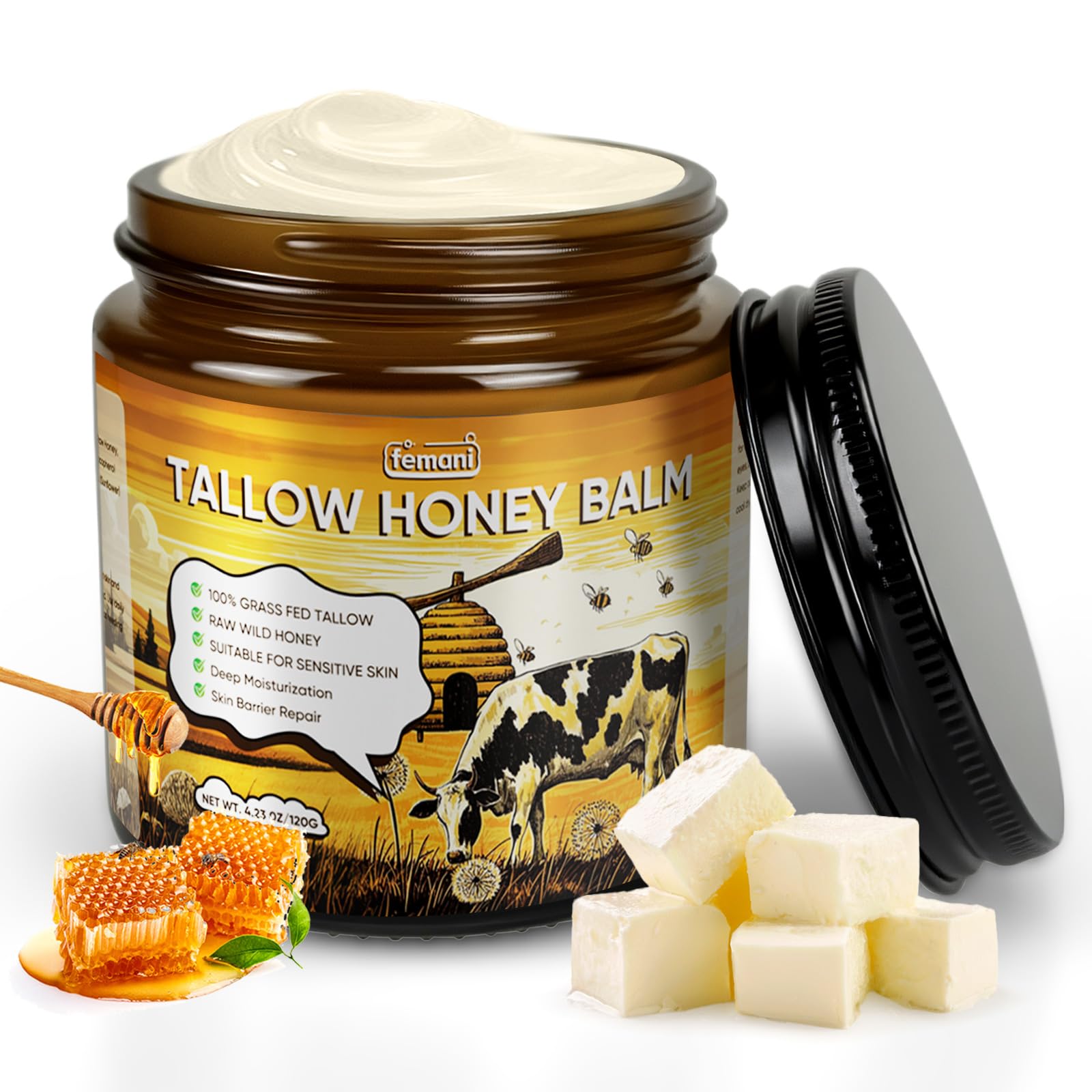 Beef Tallow for Face & Body - 4 Oz Organic Grass-Fed Beef Tallow Balm with Raw Honey Blend - Moisturizing Cream for Soft, Smooth Skin -All-Natural