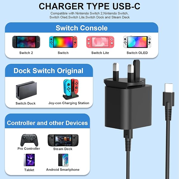 60W PD Charger Compatible with Nintendo Switch 2/Switch OLED/Lite/Dock Station/Steam Deck/Pro Controller Supports TV Mode All-in-One NS Fast Charger with 1M USB C Cable - 2