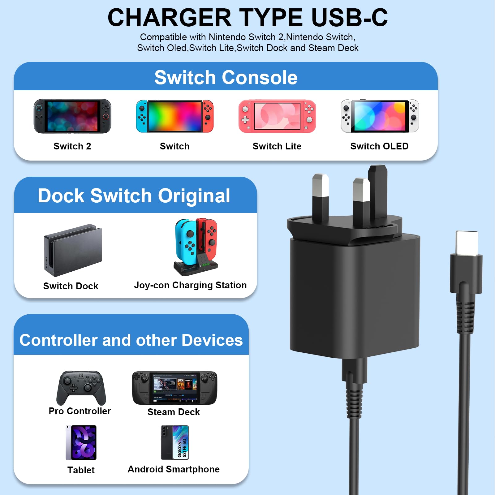 60W PD Charger Compatible with Nintendo Switch 2/Switch OLED/Lite/Dock Station/Steam Deck/Pro Controller Supports TV Mode All-in-One NS Fast Charger with 1M USB C Cable — view 2
