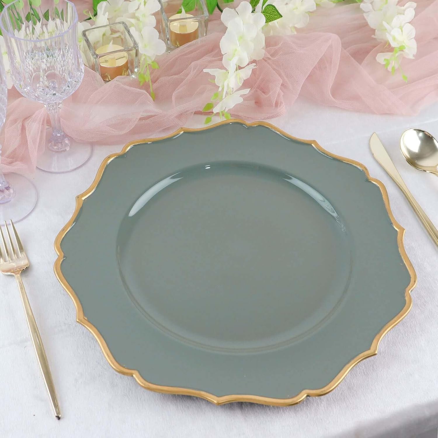 Efavormart 6 Pack | Round 13" Olive Green Gold Scallop Rim Plastic Charger Plates