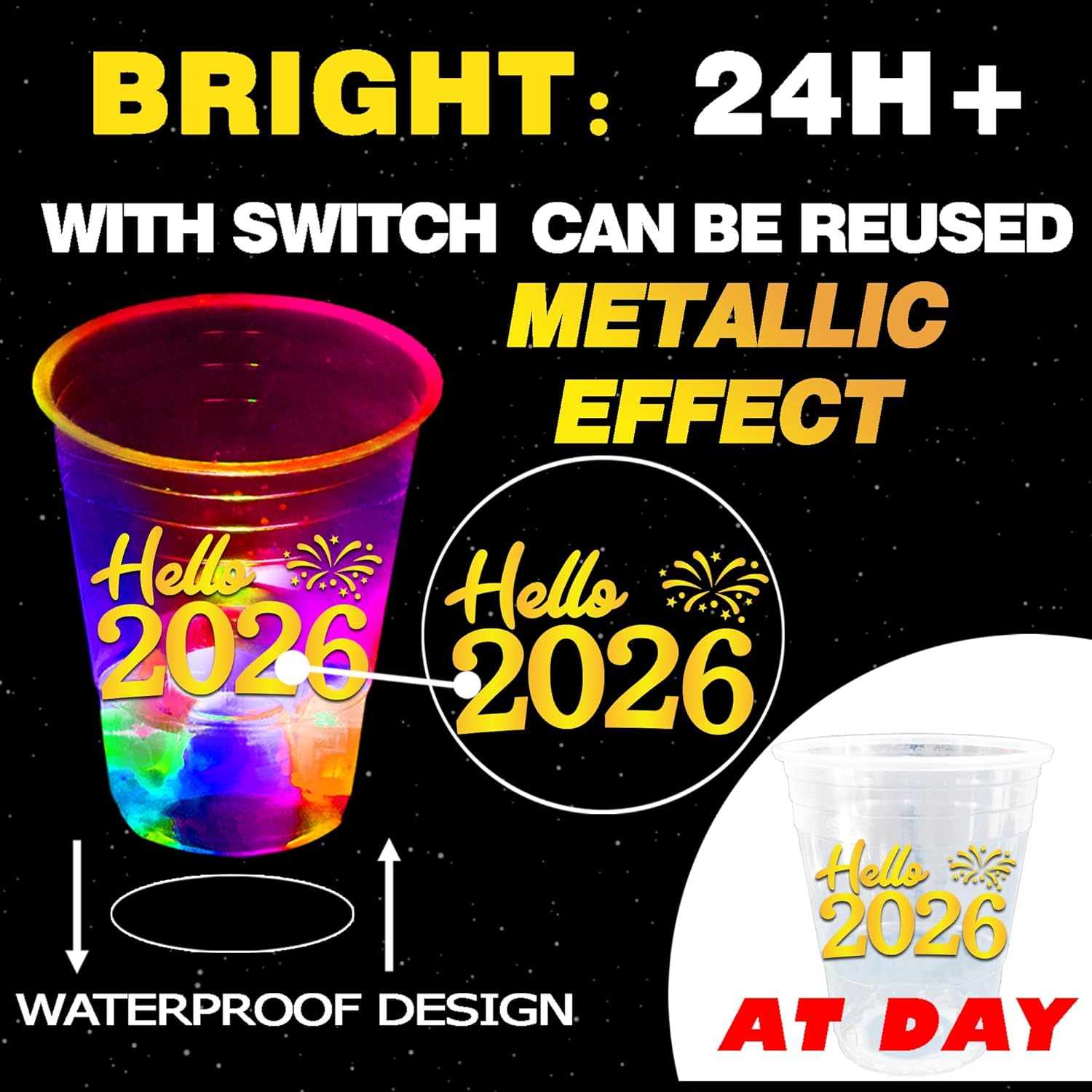 mishunyus 40 Pack 2026 Glowing Happy New Year Party Cups Glow in the Dark Flashing 12 Designs Theme Plastic Cups Outdoor Indoor NYE Party Supplies Decoration Weddings,BBQ,Beach,Holidays - Image 3