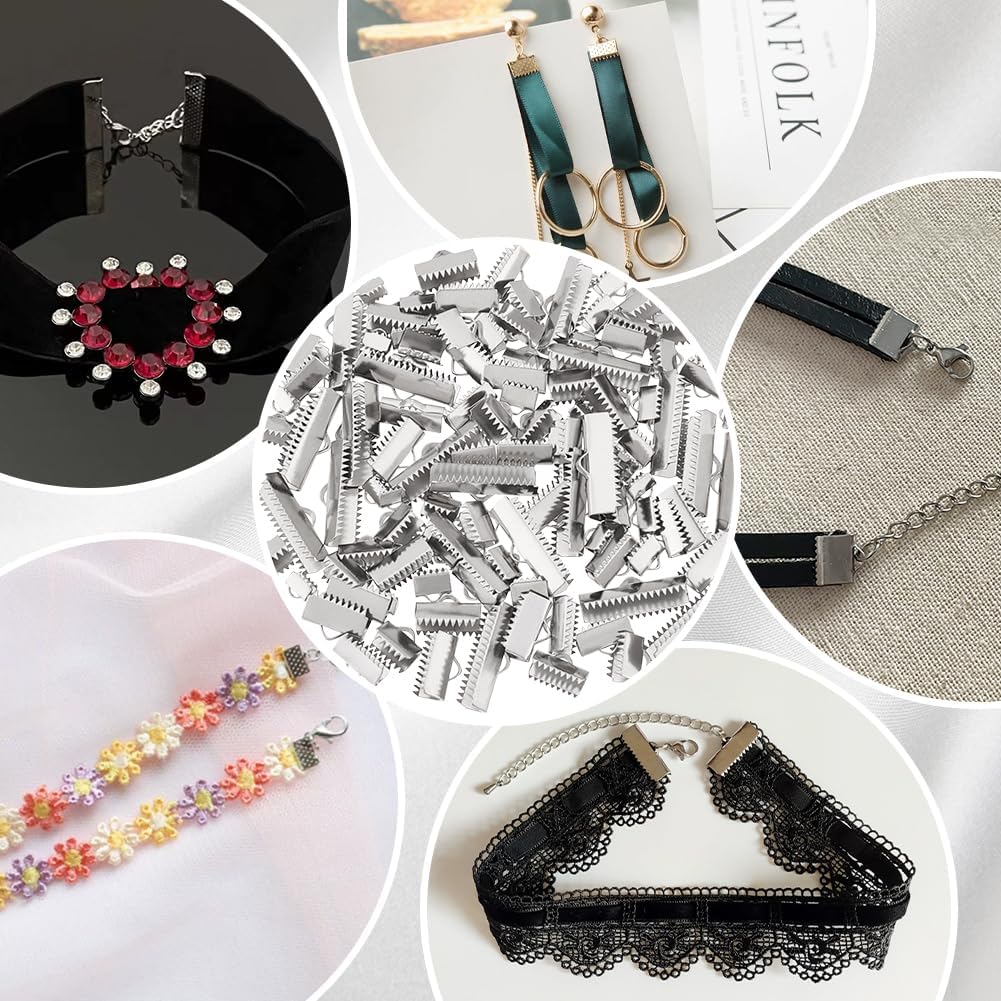 UNICRAFTALE About 120pcs 6 Sizes Rectangle Ribbon Ends with Clamps Stainless Steel Ribbon Crimp Ends Leather Pinch Crimp Fastener for DIY Choker Bracelet Bookmark Making