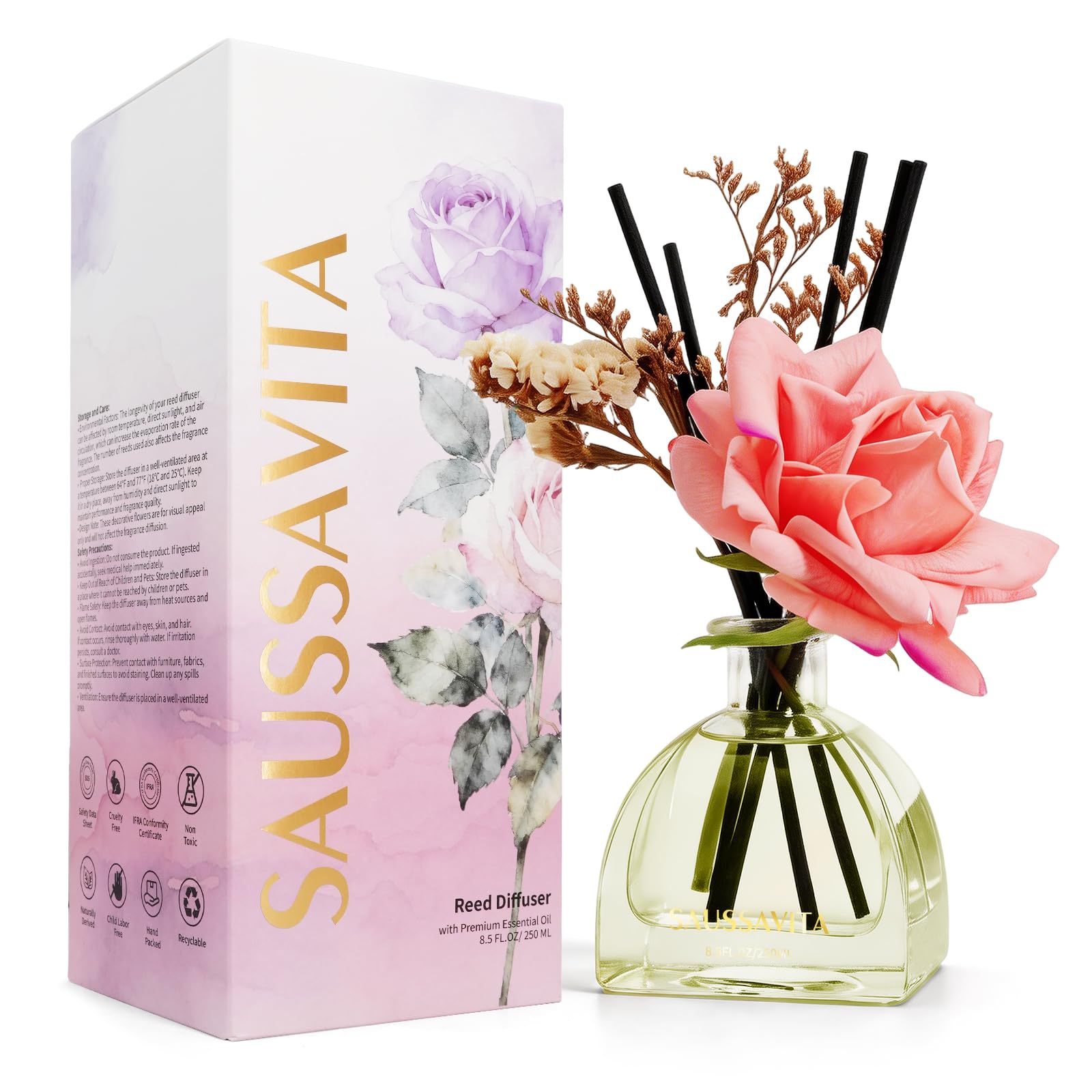 Reed Diffuser Set Citrus Grove Scent with 10 Sticks & Rose Flowers Decor, 250ml Flower Diffusers for 140 Days, Home Fragrance Air Freshener Long Lasting for Bedroom Bathroom, Living Room Office