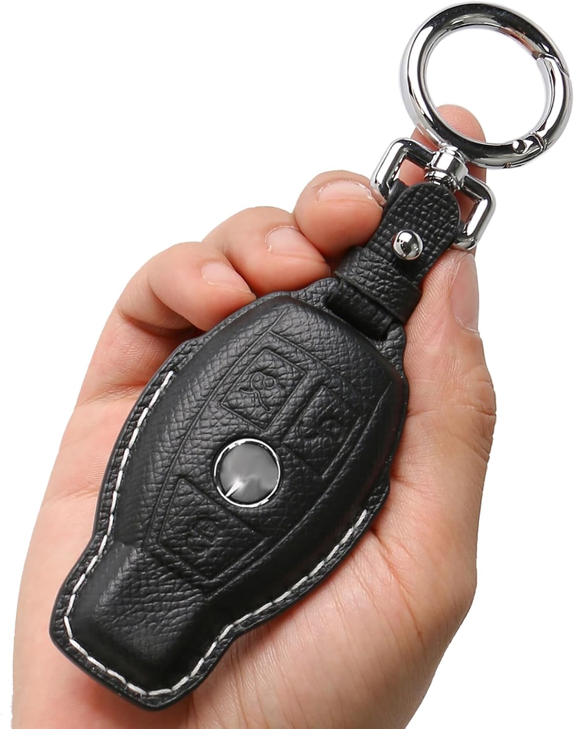 Leather Key fob Cover,Keychain Shell,Leather Key case Protector Compatible for 3 Buttons Mercedes Benz C E M S GLK CLA GLA GLC GLE CLS CLK G AMG Series Smart Remote Key (Black)