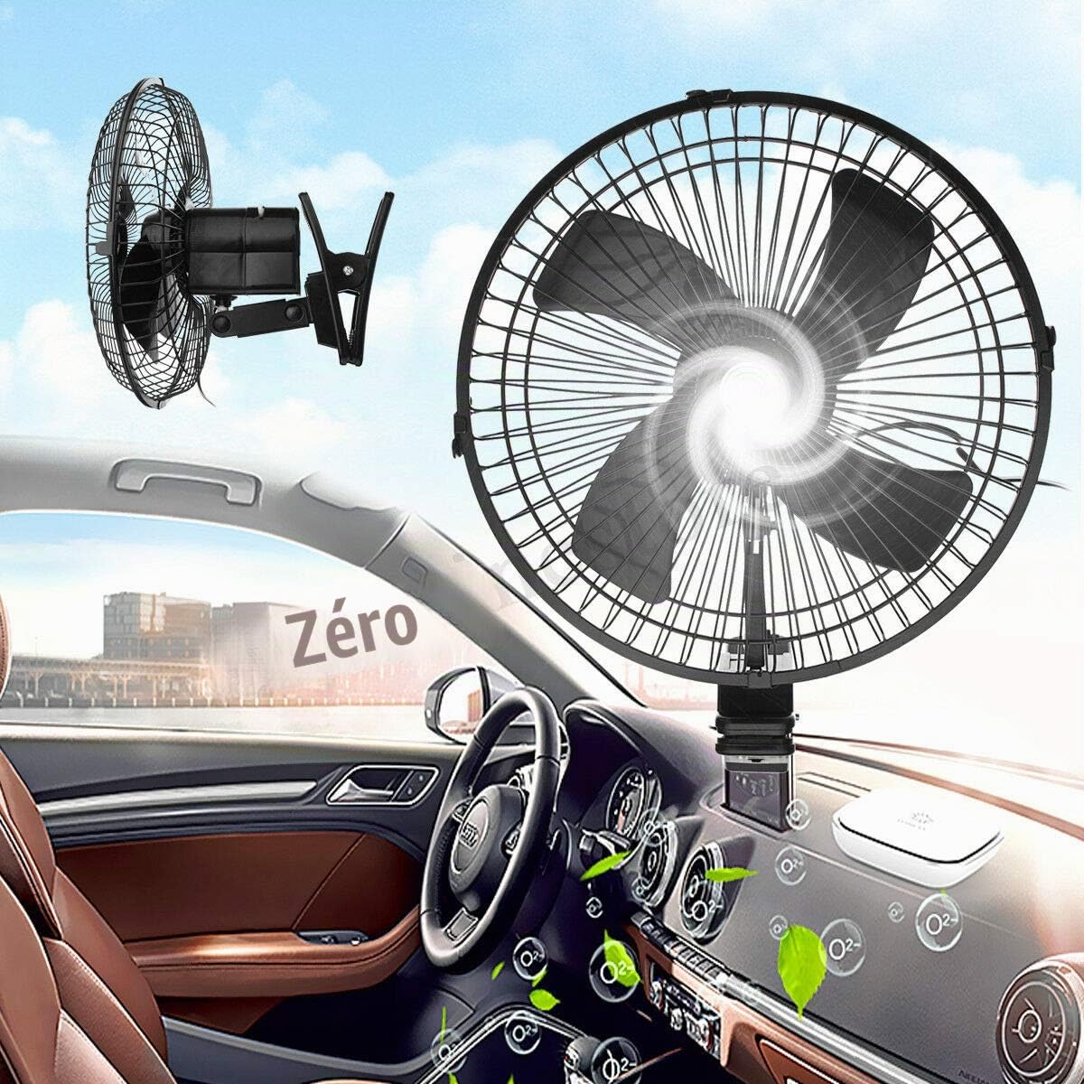 Baceyong Ventilateur électrique 12 V/24 V pour voiture, camionnette, maison, rotation à 180 °, 2 vitesses, flux d'air avec clip pour voiture, camion, bus, véhicule tout-terrain