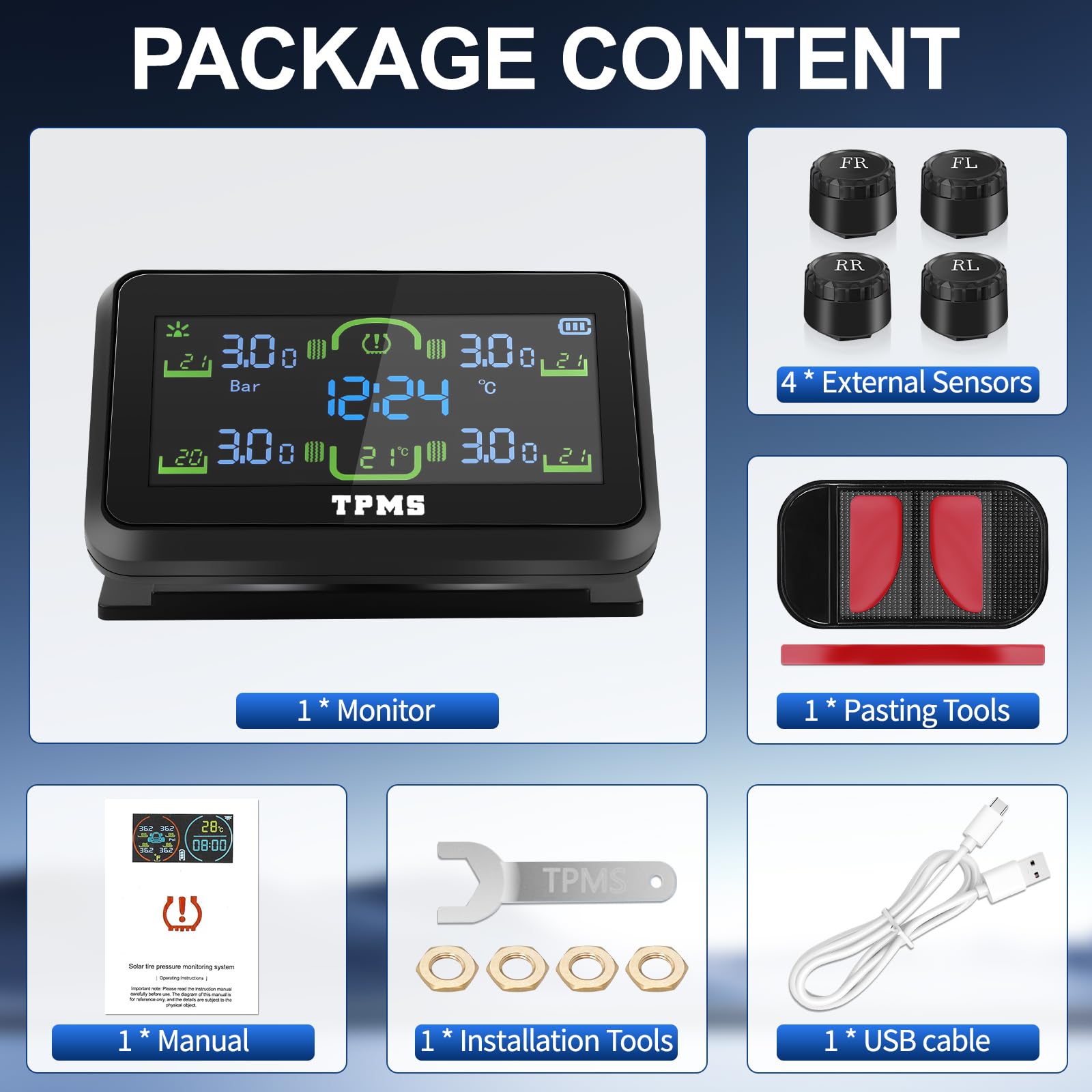 Sistema Sensori di Monitoraggio della Pressione con Indicatore dell'Ora | TPMS Auto con Ricarica Solare/USB, Sistema Sensori di Monitoraggio della Pressione degli Pneumatici con 4 Sensori Esterni