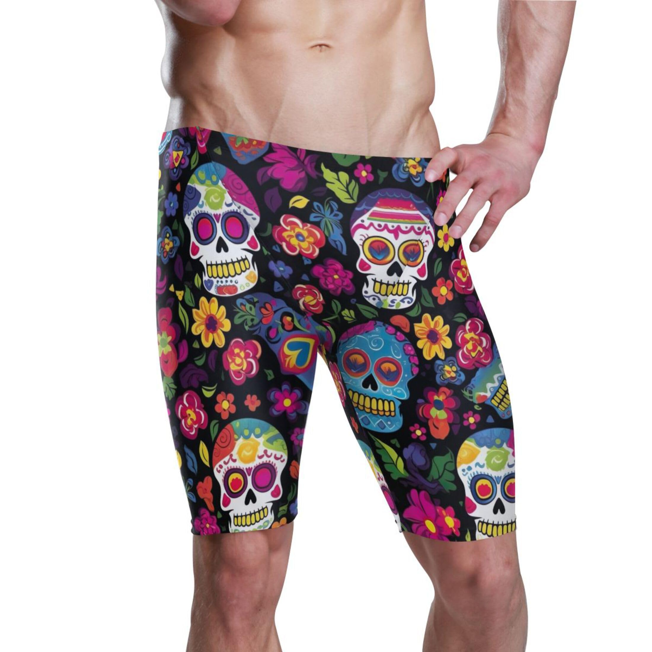 Sugar Skull Skeleton Gothic Flowers Men's Swimsuit Swim Jammers L B0400575