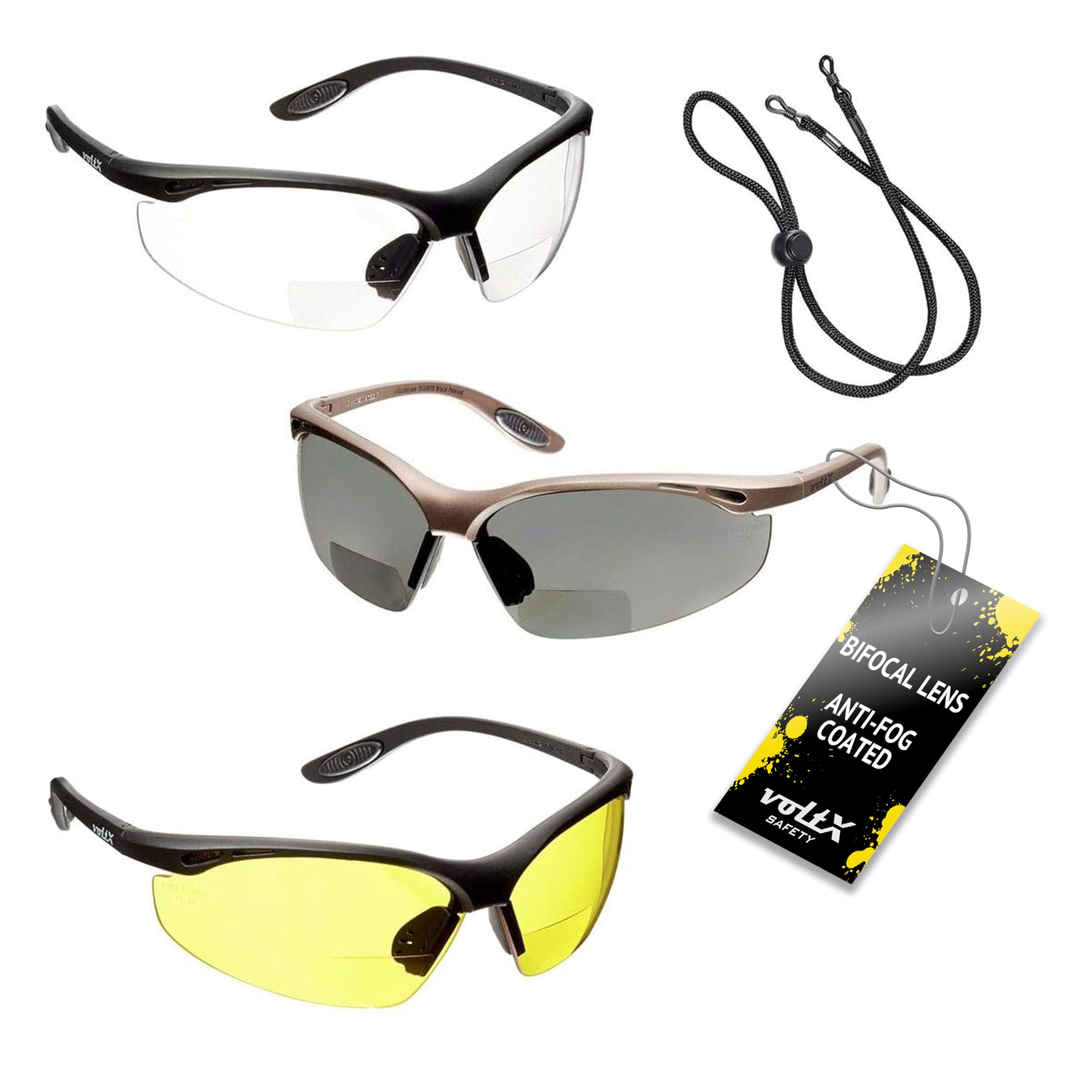 voltX 3 x CONSTRUCTOR Occhiali Sicurezza Bifocali UV400 +2,5 Colori Misti | Certificati CE EN166F. 3 paia: Trasparenti, Gialli e Polarizzati. Lenti UV400 antiappannanti e antigraffio.