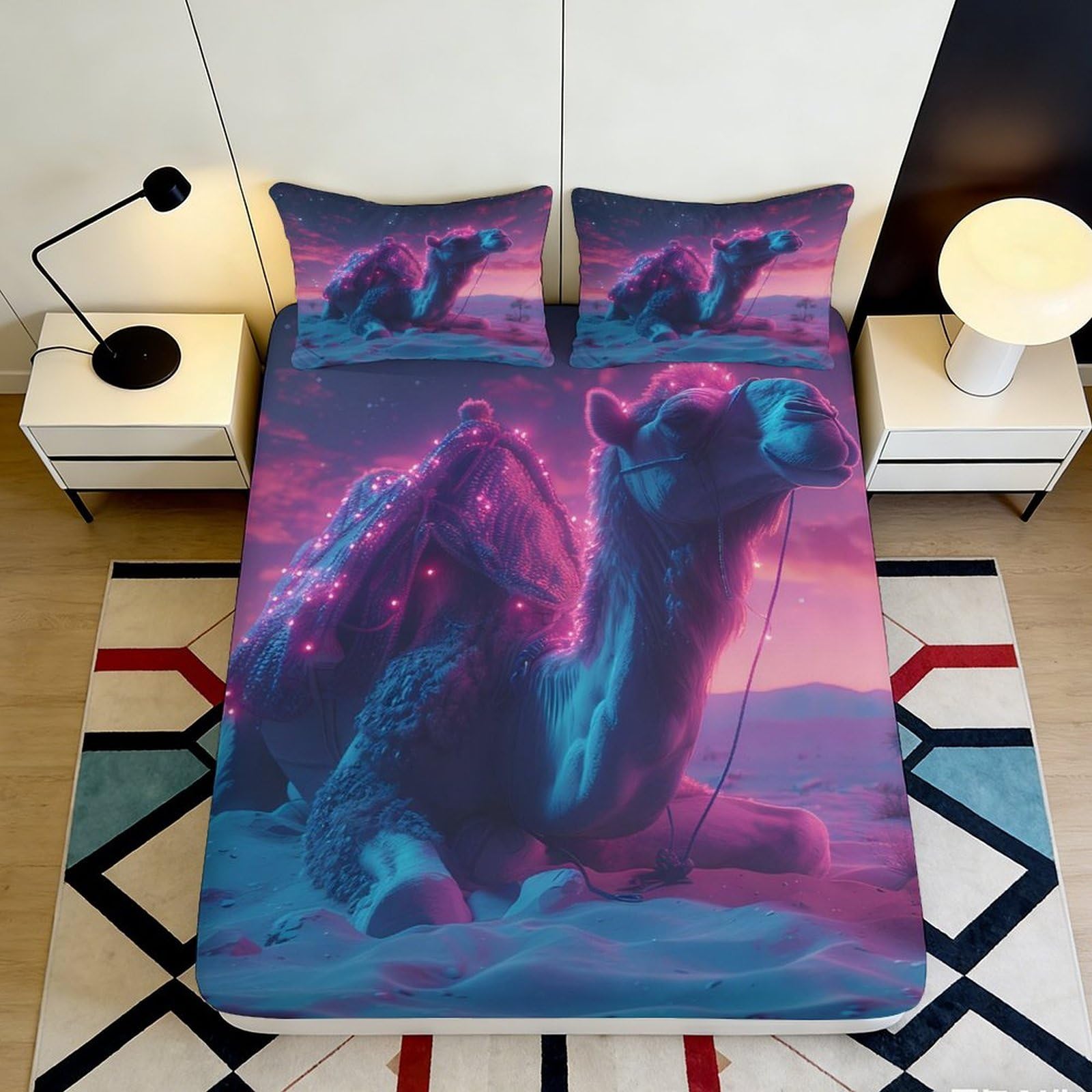 3D Printed Neon Camel Fitted Sheet Microfiber Soft Breathable Desert Sunset Mattress Cover for Bedroom Dorm Decor 90x200x25cm