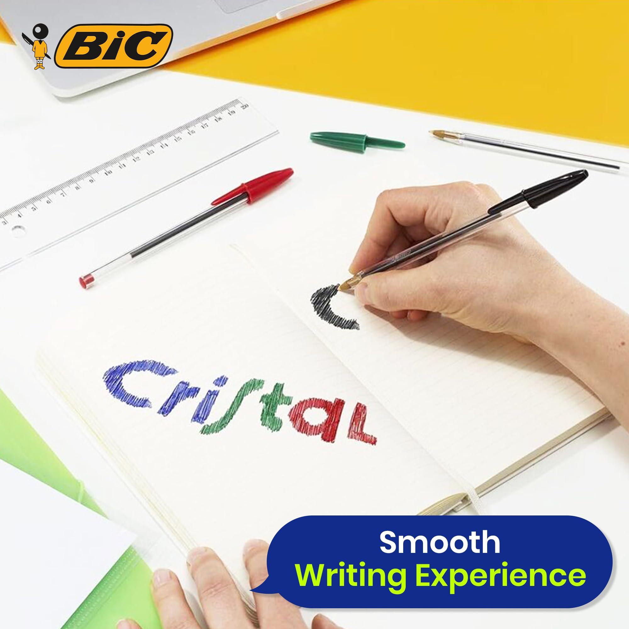BIC Cristal Original Lot de 10 stylos à bille à pointe fine de 1 mm, couleurs assorties, stylos fiables pour l'école et le bureau, écriture lisse, prise en main confortable, durable et durable