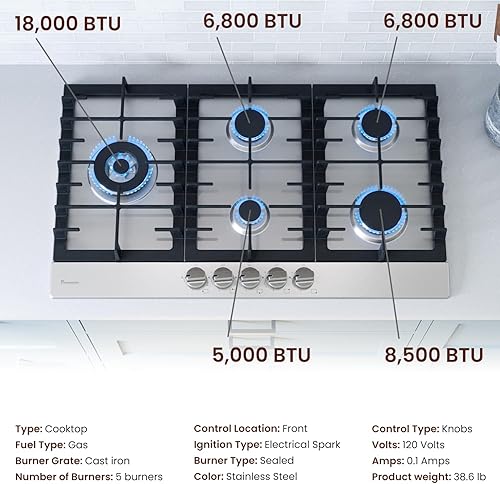 Miniatura 3 de Rangaire RCG301S - Placa de cocina de gas de 30 pulgadas, acero inoxidable, quemadores sellados, rejillas de hierro fundido, controles de quemador