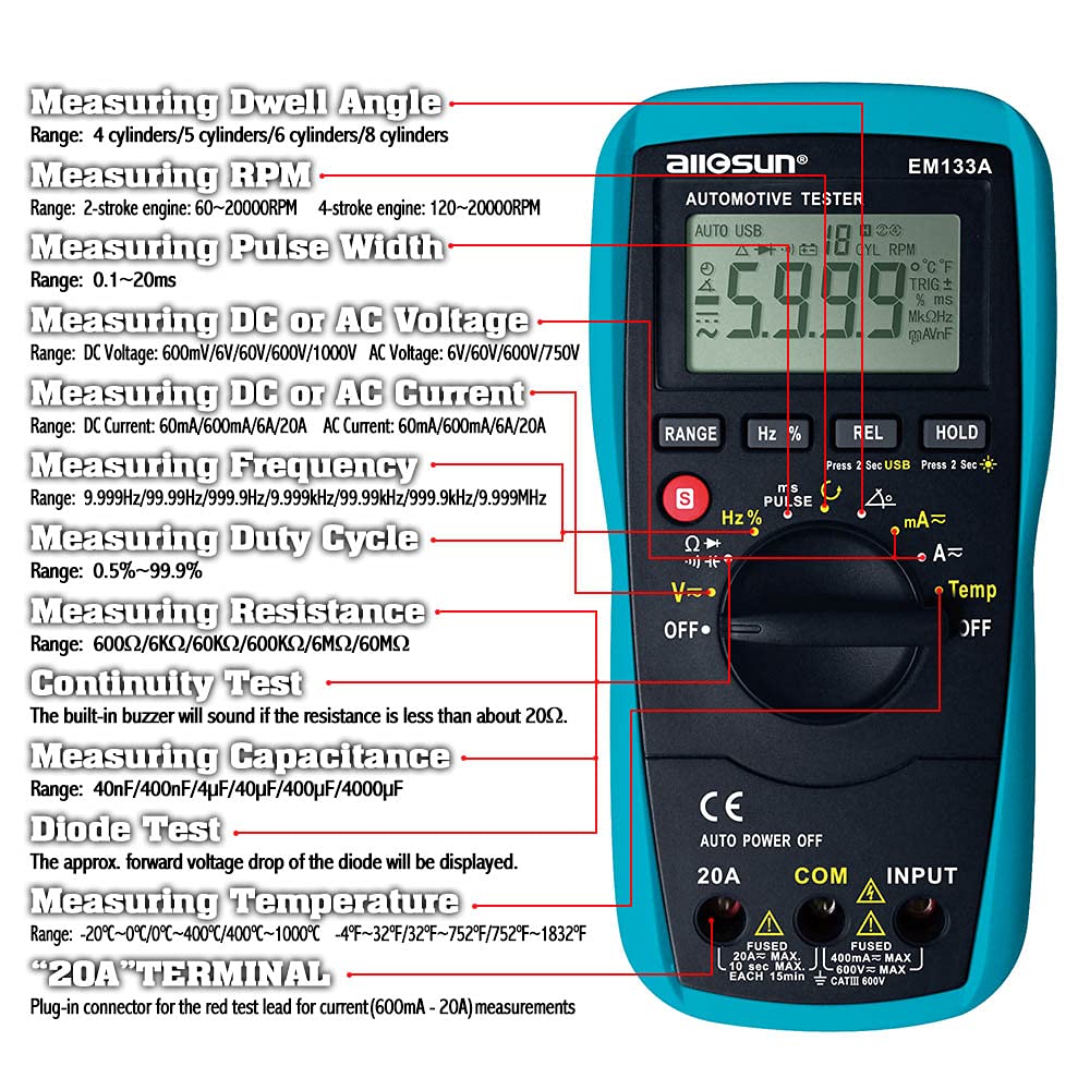 allsun Auto Multimeter - AC/DC Voltage, Current & More -8