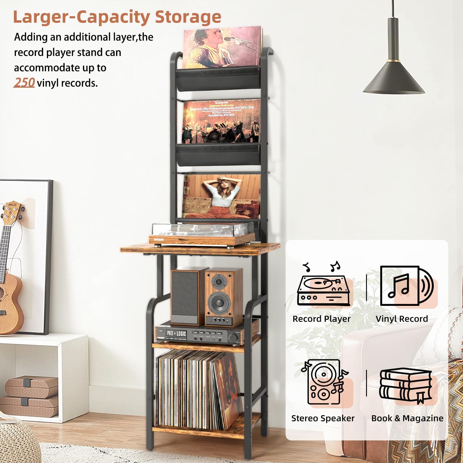 Bikoney Plattenspieler Ständer mit Schallplatten Aufbewahrung, Hoher Vinyl Regal für bis zu 200 LPs, Plattenspieler Tisch mit Wandhalterung, Vinyl Schrank für Wohnzimmer oder Schlafzimmer