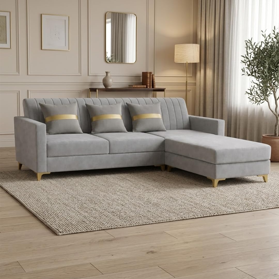 CASASTYLE Noviq 4 Seater L Shape Sofa Set with Movable Ottoman | Flexible Left or Right Layout | Cozy Velvet Fabric | Soft Touch Seating | Modern Designer Sofa for Living Room (Light Grey)