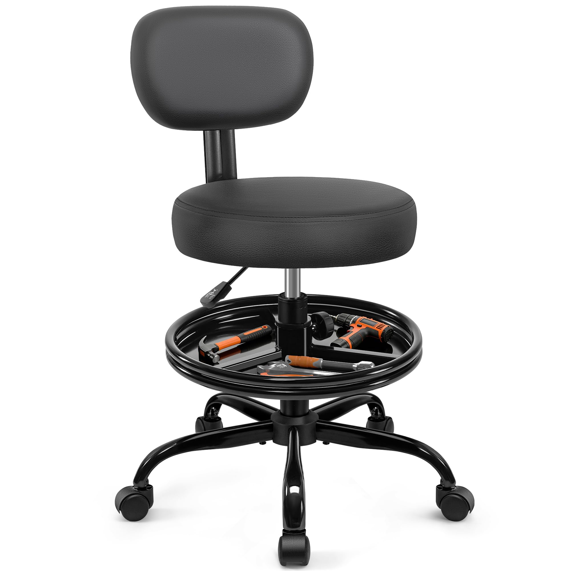 BestGlory Shop Stool with Wheels for Garage, Mechanics Rolling Chair with Backrest, Adjustable Height Heavy Duty Garage Stool with Footrest and Storage Tray, Swivel Task Chair for Workshop Salon