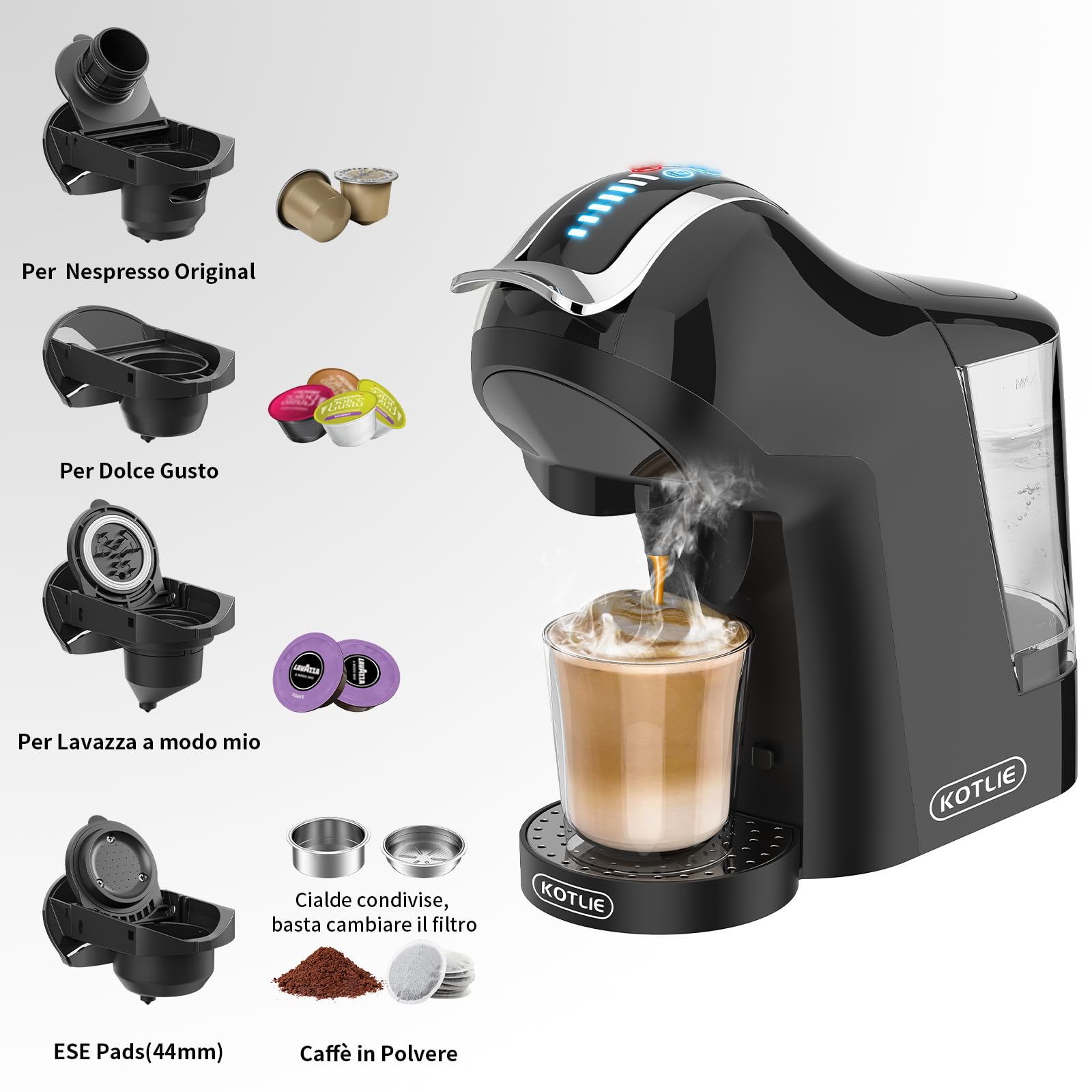 KOTLIE Macchina da caffè 5 in 1 con estrazione a freddo e a caldo per Nespresso Original/per Dolce Gusto/Caffè macinato/ESE (44 mm)/per Lavazza a modo mio(EM-308A) Nero