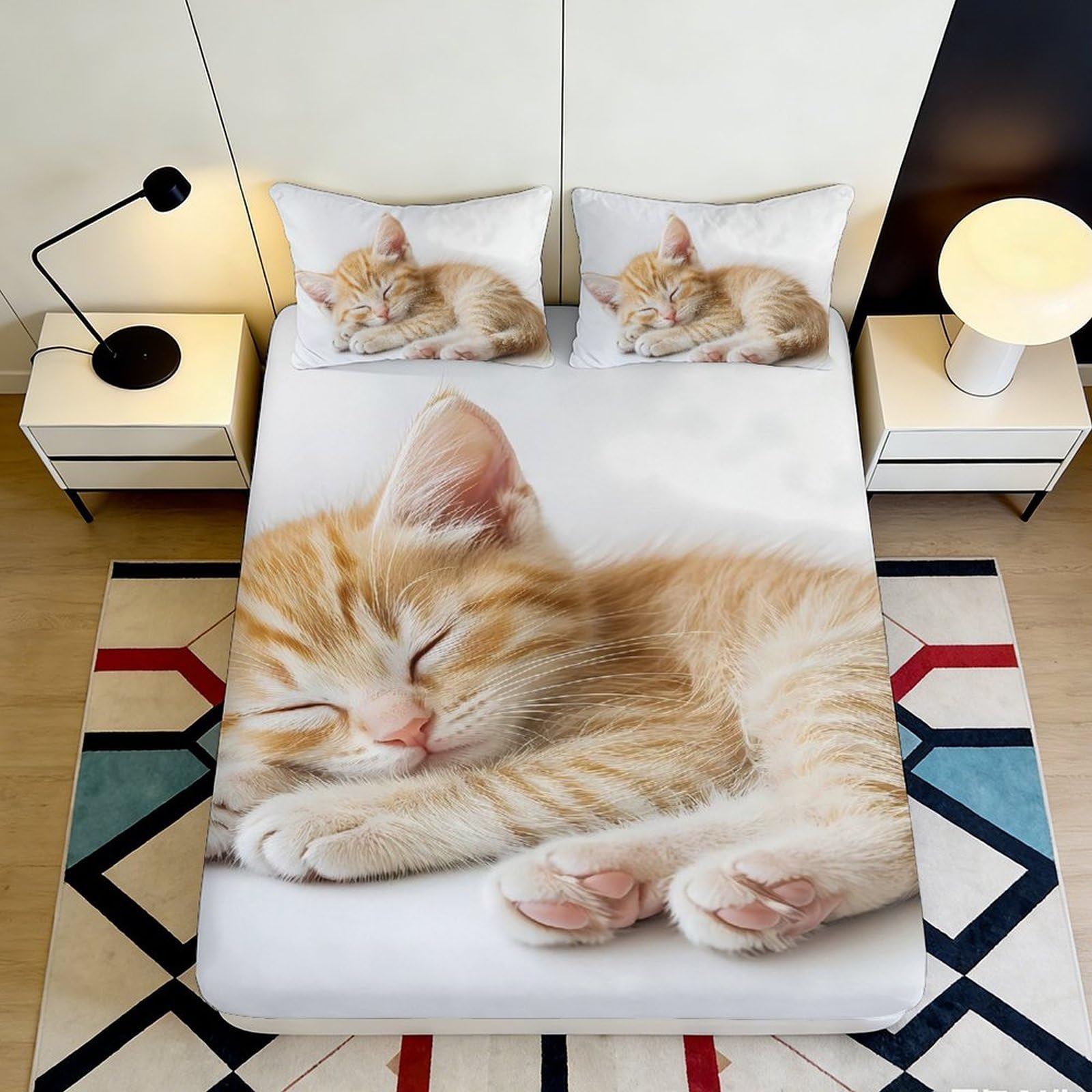3D Printed Sleeping Kitten Fitted Sheet Microfiber Soft Breathable Cozy Cat Mattress Cover for Bedroom Dormitory Guest Room Protection Decor 180x200x25cm