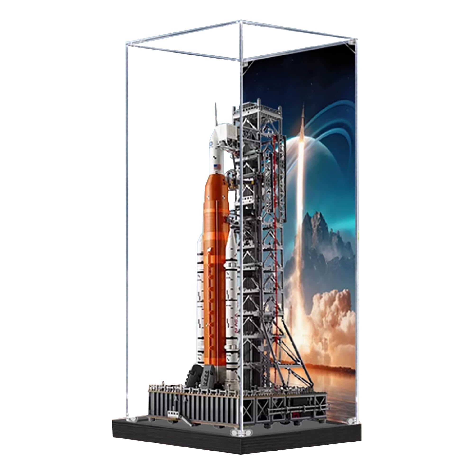 Acrylic Display Case for Lego 10341 Space Launch System Rocket Model, 3mm Dustproof Display Box, Display Case Compatible with Lego 10341 (Model Not Included) (Background Build B)