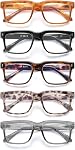 JM 5 Pack Reading Glasses Women, Square Computer Readers Spring Hinges | Stylish Blue Light Blocking Eyegalsses, Anti Blue Light, Men