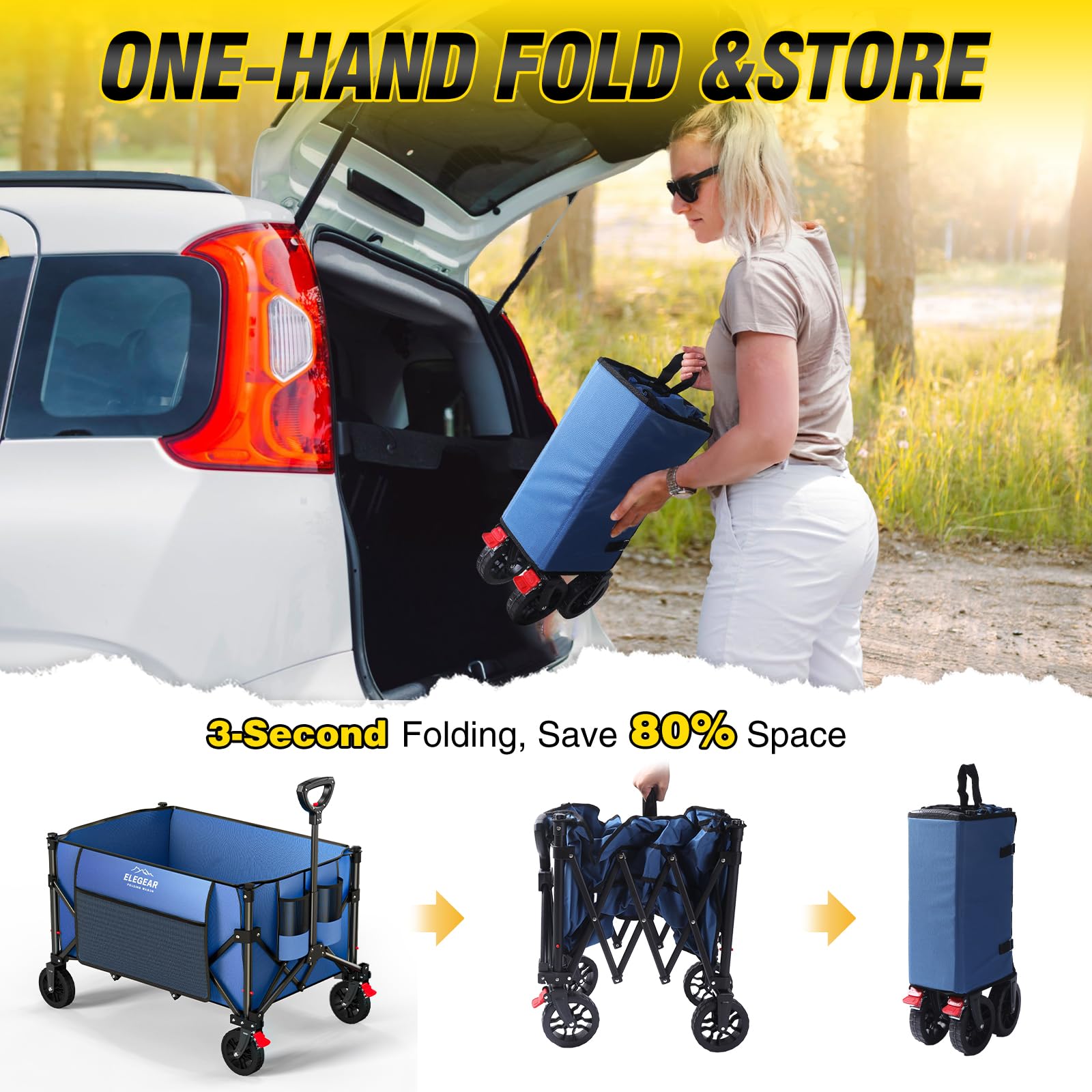 Elegear Carro de Playa Plegable con Ruedas 150L, Carro de Jardín Plegable con asa Ajustable y Portavasos, Carrito Transporte Plegable para Camping Compras Deportes, Azul