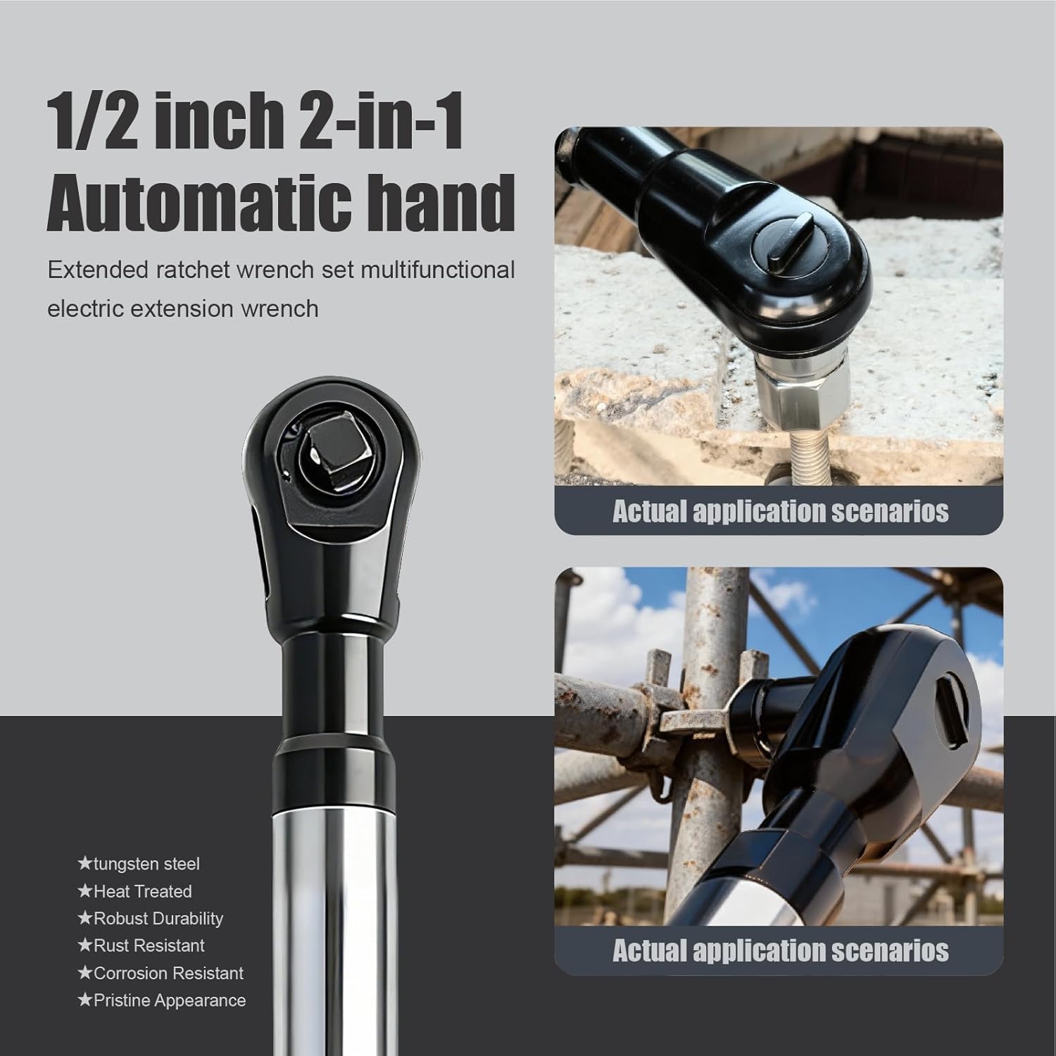 1/2" Offset Extension Wrench for Electric Drill, Impact Ratchet Wrench Extender with 1/2", 3/8",1/4" Socket Adapters and 1/2" Electric Drill Adapter for Tight Spaces (with non-slip rubber sleeves)