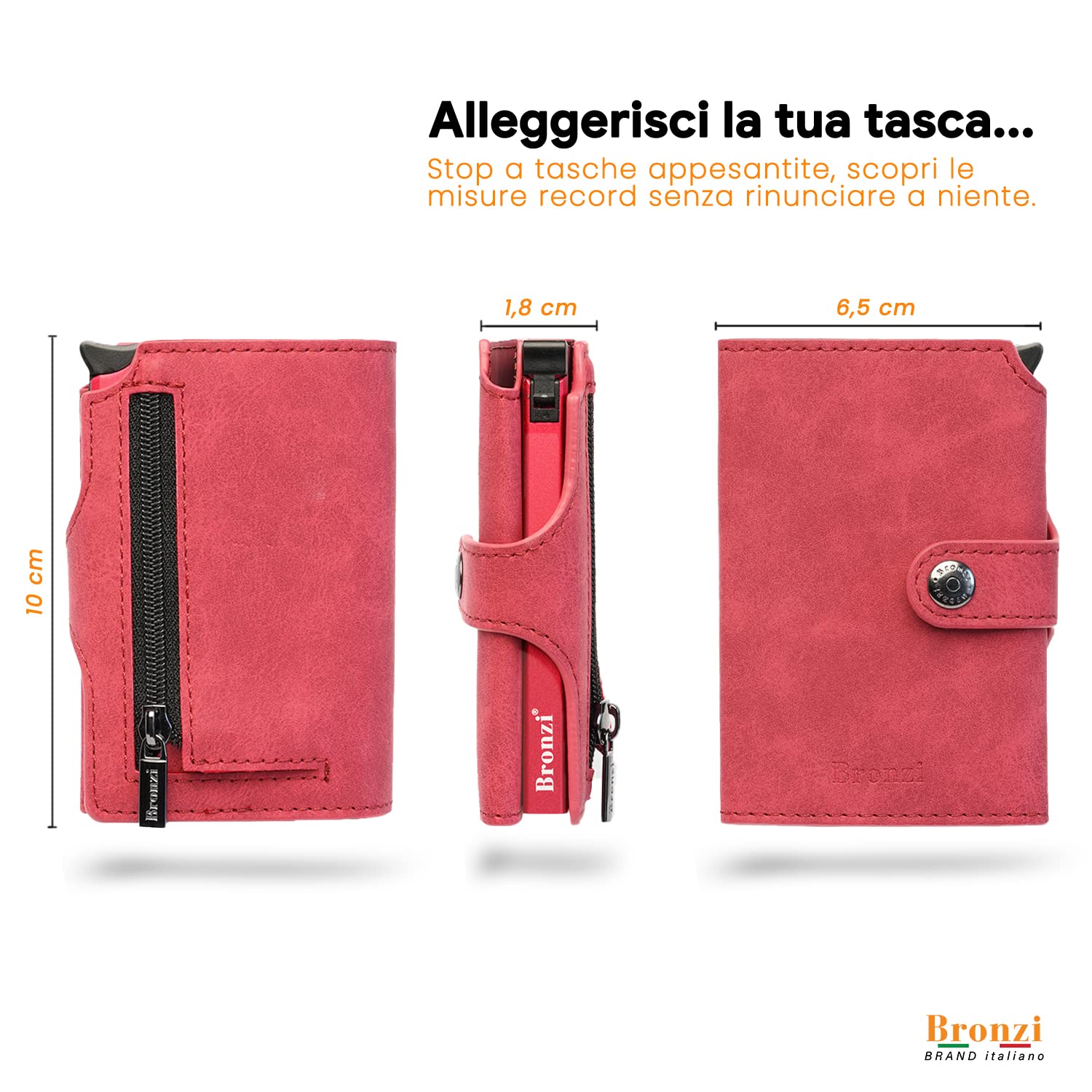 Bronzi Portafoglio Portafoglio Uomo Slim - In Pelle Marrone - Porta Carte Credito - Portacarte uomo - Mini Porta Tessere (Rosso)