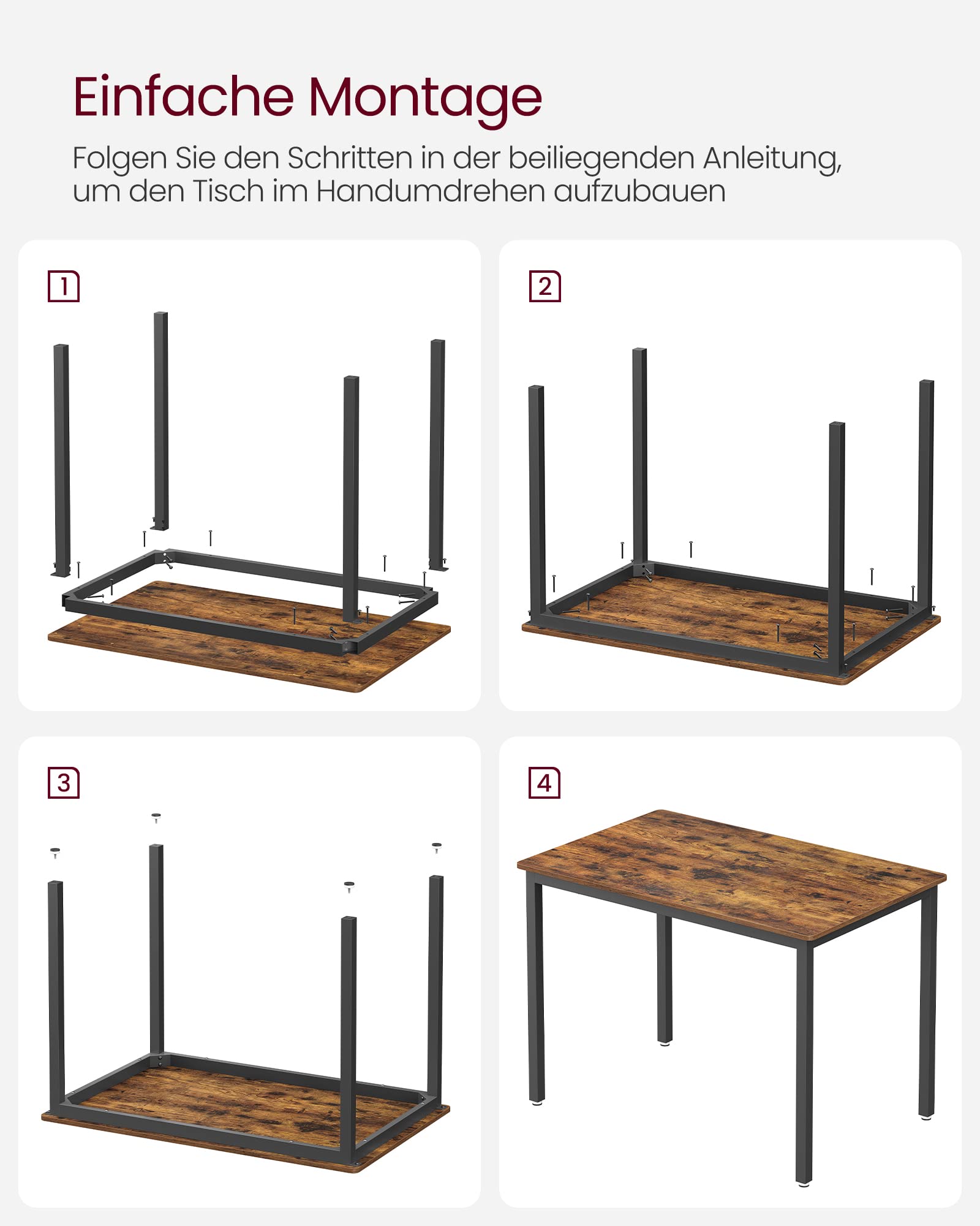 VASAGLE Esstisch, Küchentisch, 70 x 110 x 77 cm, Esszimmertisch für 4 Personen, Tisch Wohnzimmer, Schreibtisch, für Esszimmer, Küche, Industrie-Design, vintagebraun-Mattschwarz KDT081B01
