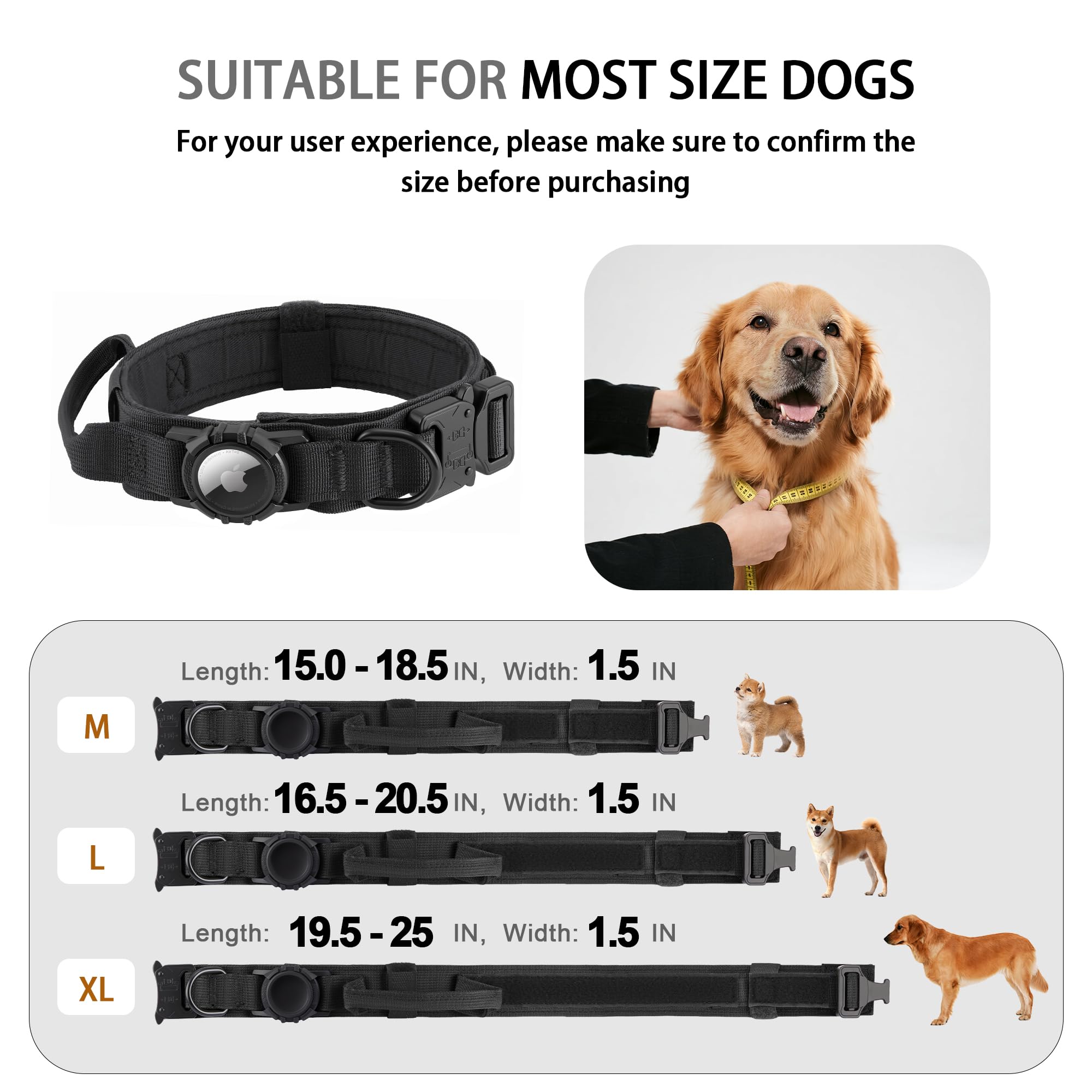 Upgraded Airtag Dog Collar Waterproof, Adjustable GPS Training Nylon Dog Collar with AirTag Holder, Control Handle and Quick-Release Buckle for Medium and Large Dogs (Black, M) - image 5