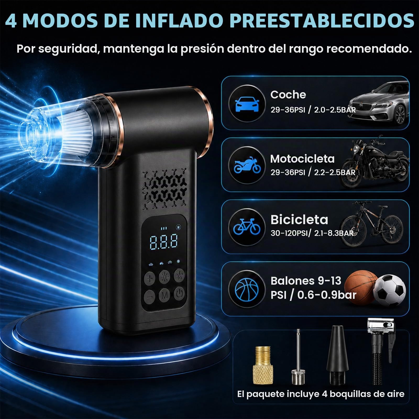 5 en 1 Compresor Aire Portatil con Aspiradora inalámbrica, 150 PSI Inflador de Neumáticos con Luz de Emergencia, Pantalla LCD, manómetro Digital para Coche hogar Pelo de Mascotas Moto y balones