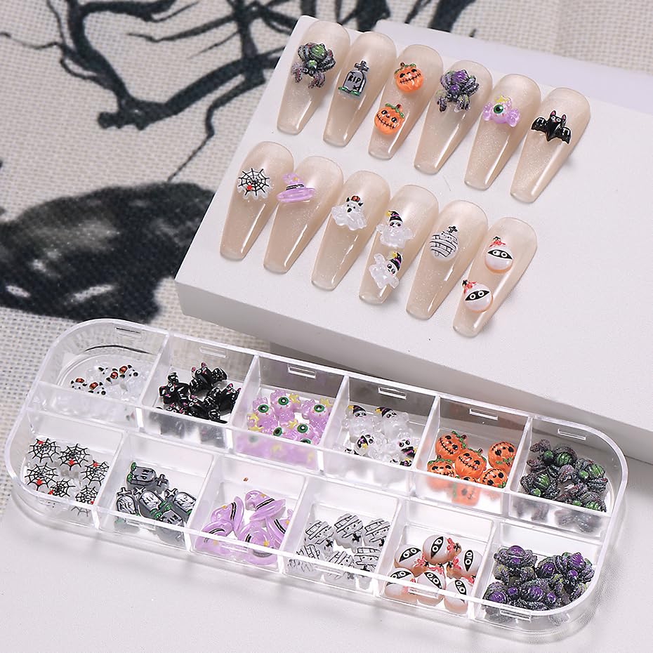 12 Grid Halloween Nail Charms Rhinestones Cute Spider Pumpkin Bat Resin Nail Art Supplies for Acrylic Nails Ghost Spider Web Eyes Resin Nail Gems