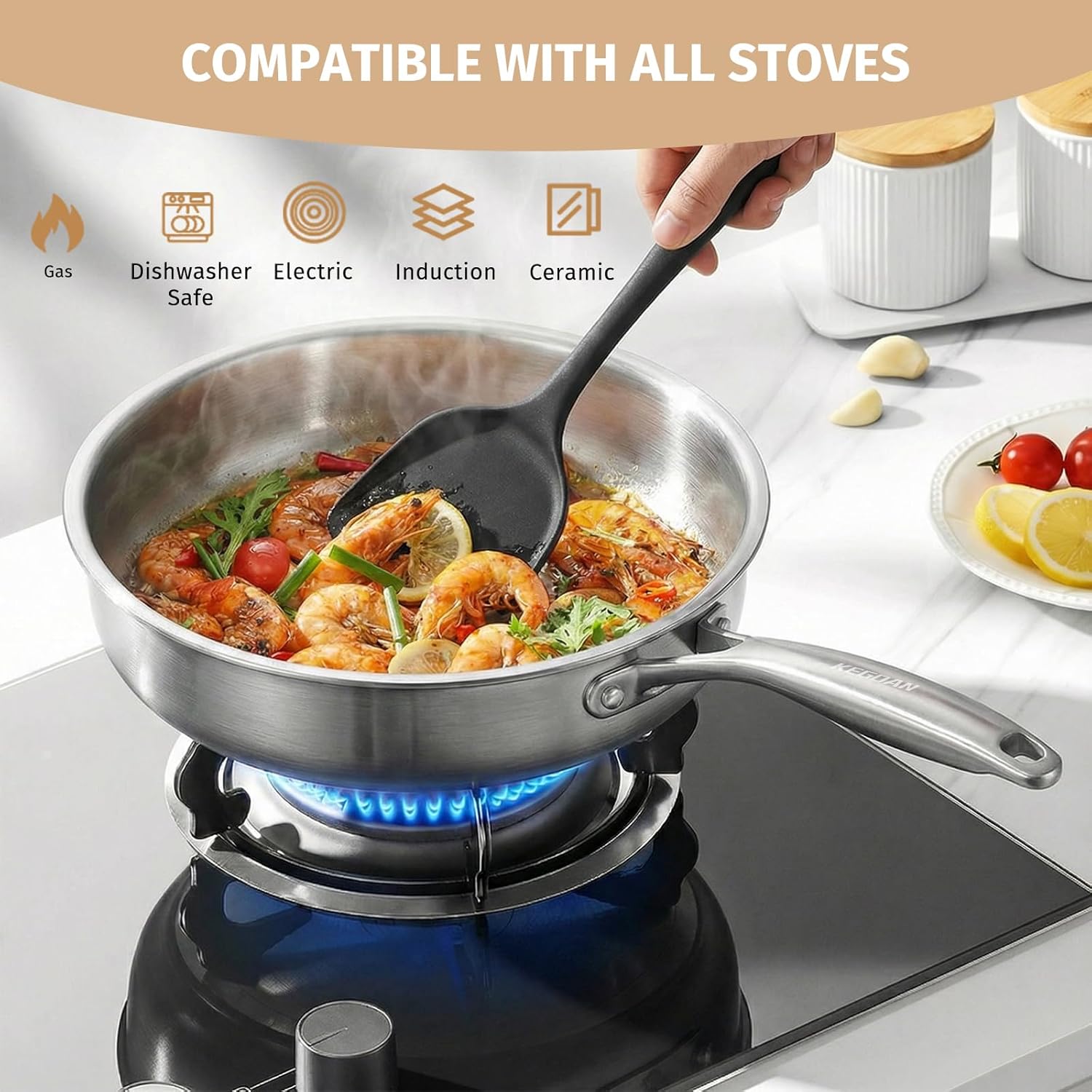 Tri-Ply Stainless Steel Frying Pan Set With Lids, 13pcs Stainless Steel Cookware Set with Detachable Handle, Induction Compatible Skillets for All Stovetops, Dishwasher and Oven Safe, Sliver - Image 6