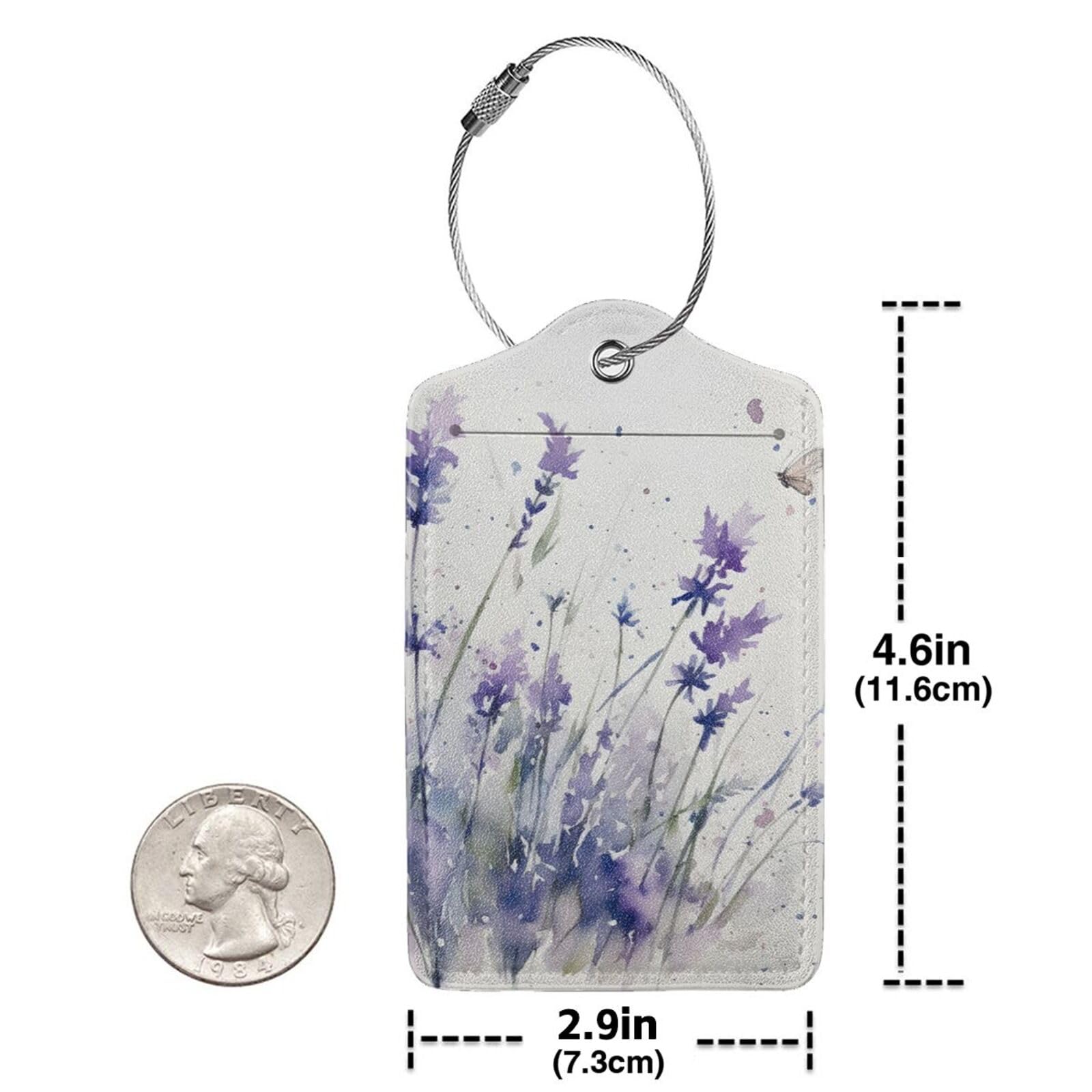 4 etichette per bagagli in pelle PU per valigie, etichette per bagagli ad acquerello viola lavanda con anello in acciaio inossidabile, etichetta identificativa per la privacy, per donne e uomini