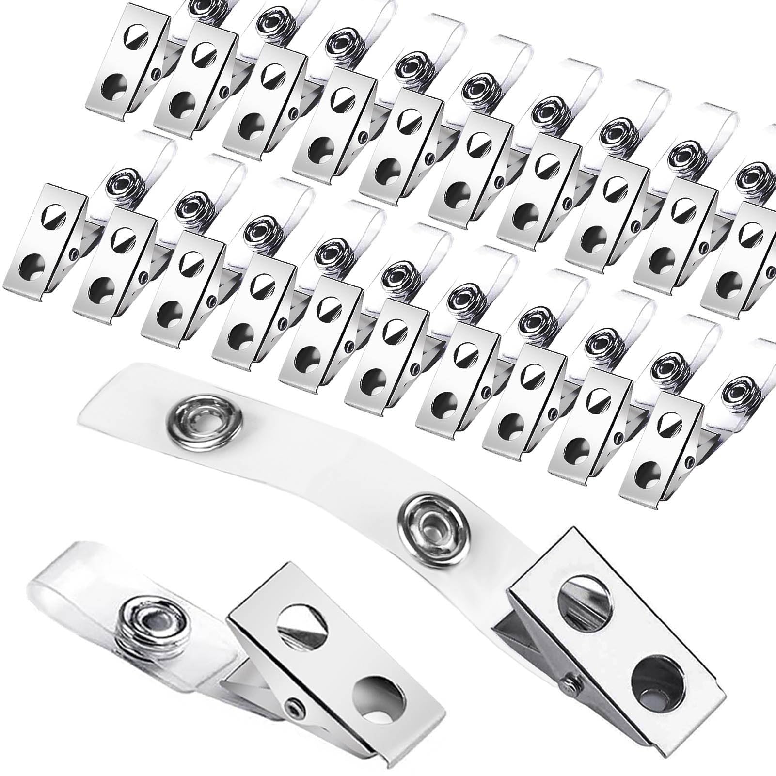 100 Metal Badge Clips with Clear PVC Straps - Double Holes ID Clips for Badges & Name Tags