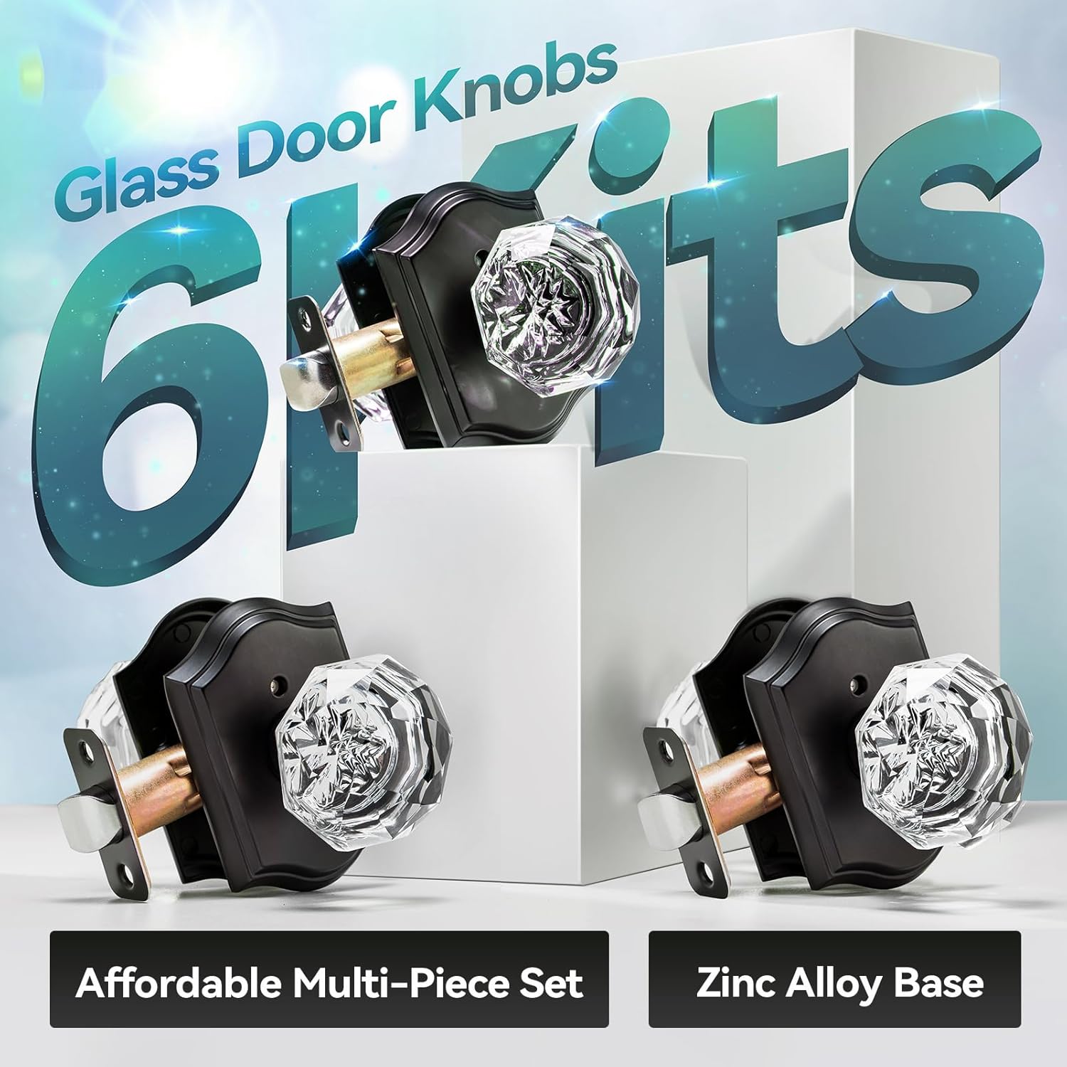 Crystal Door Knobs - 6 Pack Vintage Interior Set with Locks, Black Glass for Bedroom & Bathroom