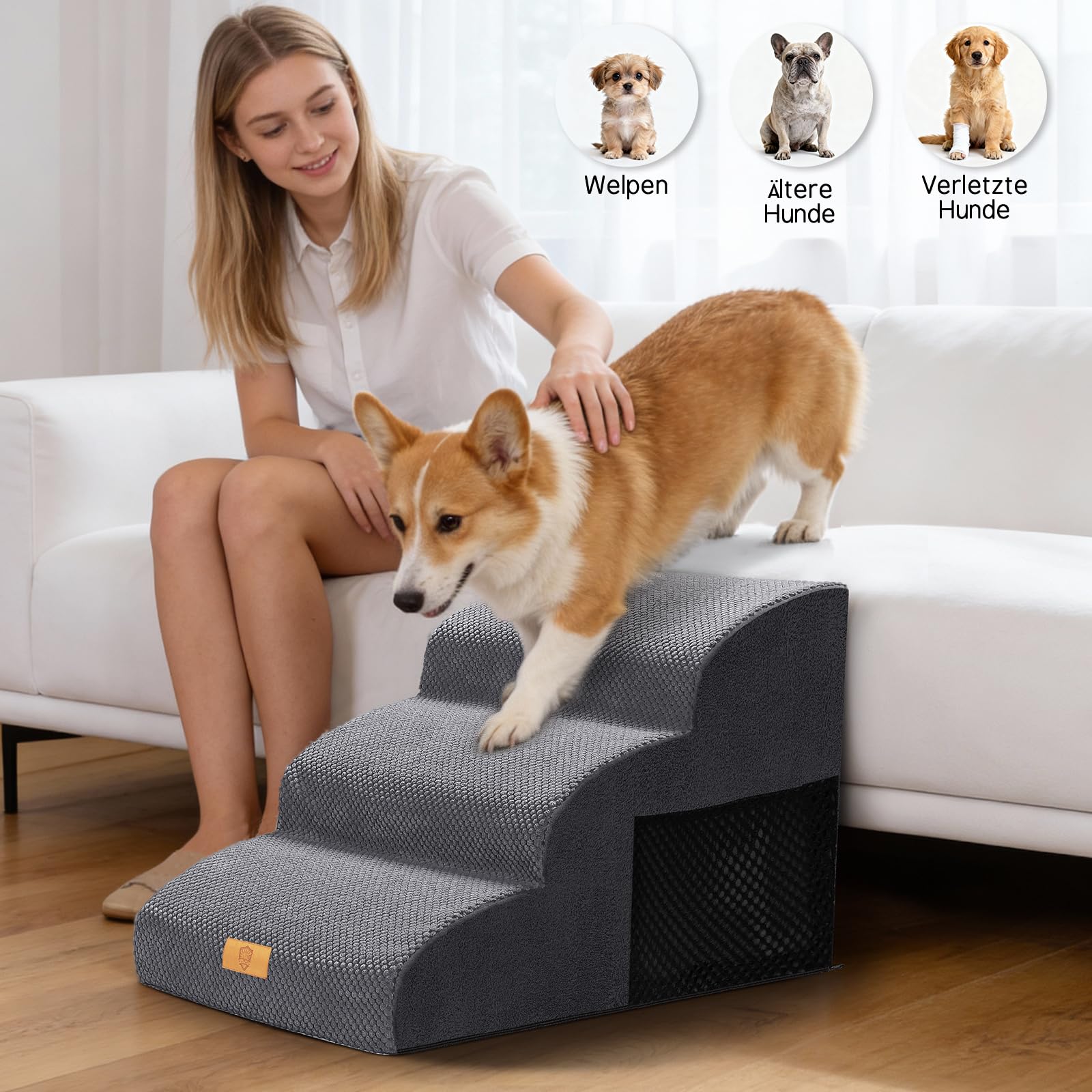 Haustiertreppe 3 Stufen, 30D Schaumstoff Hundetreppe bis 23kg, rutschfest & Waschbar, Tragegriff, Seitentasche, Gelenkschonend für Hunde Katzen, Einstiegshilfe Bett Sofa Auto, Grau 60x40x40cm