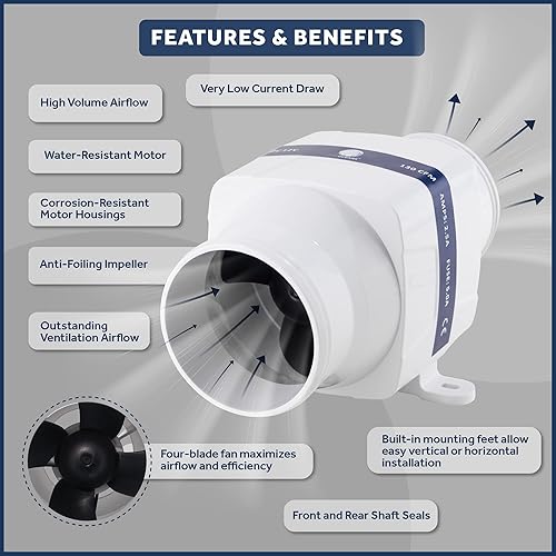 Miniatura 4 de Five Oceans Soplador de sentina en línea, soplador de motor de barco, para manguera de ventilación de diámetro interior de 3 pulgadas, 12 voltios,