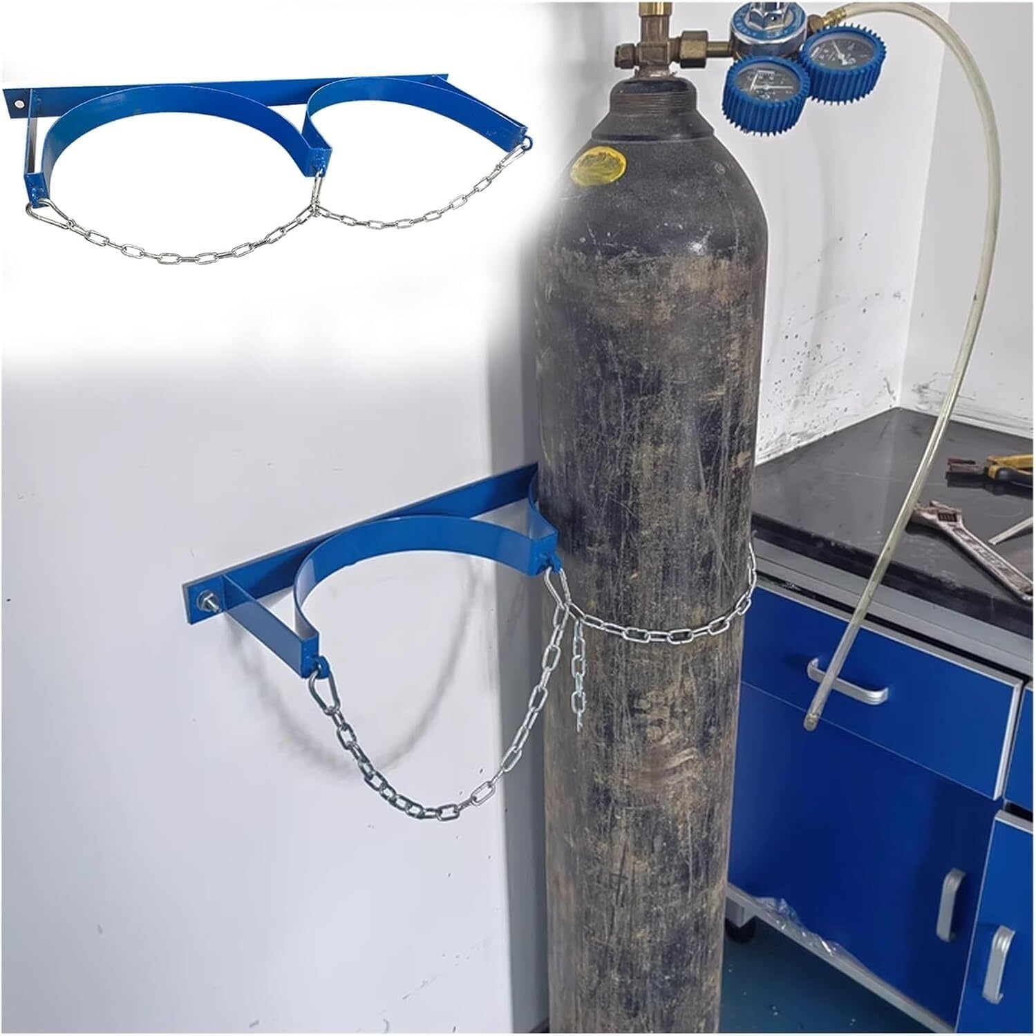 Generico Supporto per bombola di Ossigeno a Parete - Set di 5 Supporti per bombole in Acciaio Resistente (Ingresso 10,6", 25,6" x7,9) con Catena di Protezione per ospedali e Laboratori - Soluzione Si