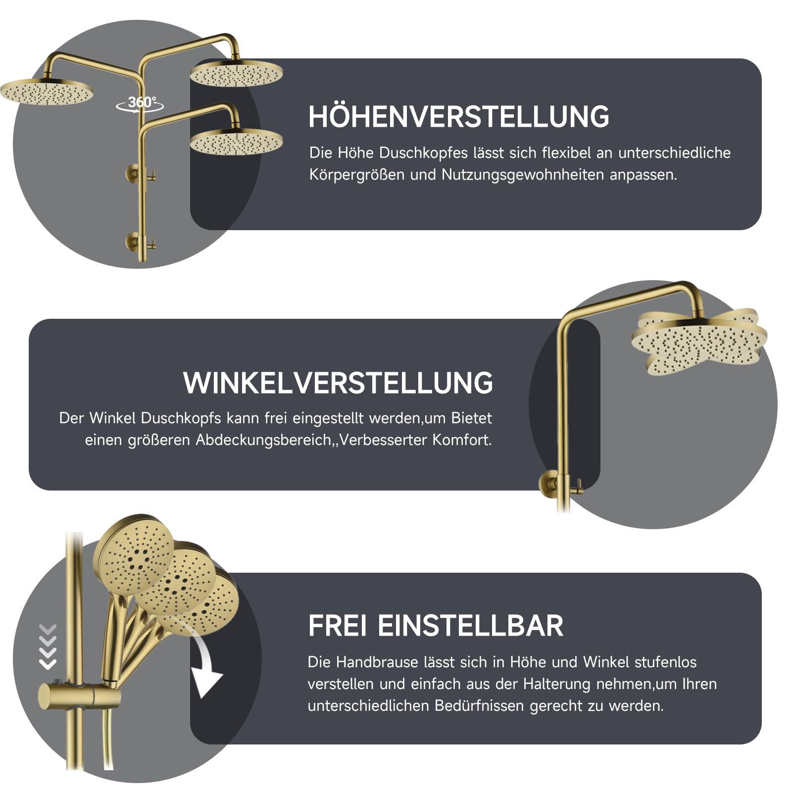 Duschsystem,3-in-1-Duschset Gebürstetes Gold,mit 260 mm runder Regenduschkopf,3 Modus Handbrause,und einem unteren Wasserauslass,360° Verstellbarer Regendusche Duschkopf,Multifunktionales Ablagefach