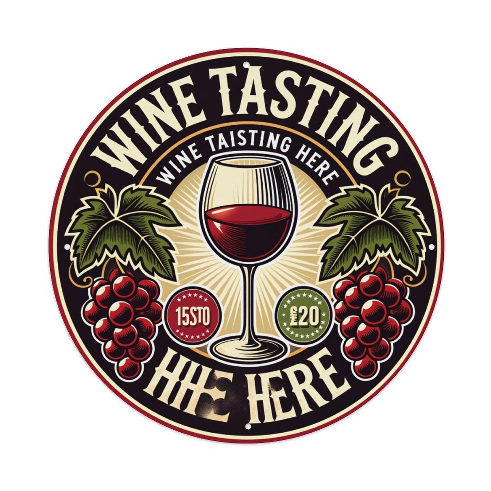 Jdyaojiesheng Vintage Wine Tasting Glass Grapes Leaves Round Tin Sign Retro Metal Wall Decor Metal Poster, Home Bar Garage Farmhouse Cafe Wall Art Decoration 8X8inches