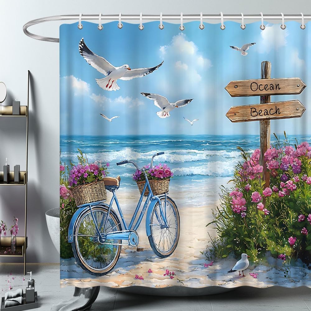 Ocean Beach Bicycle Shower Curtain Coastal Seasides Seagull Purple Blooming Flowers Blue Sea Nautical Tropical Summer Bathroom Polyester Curtains Set with Hooks 70x84 Inch