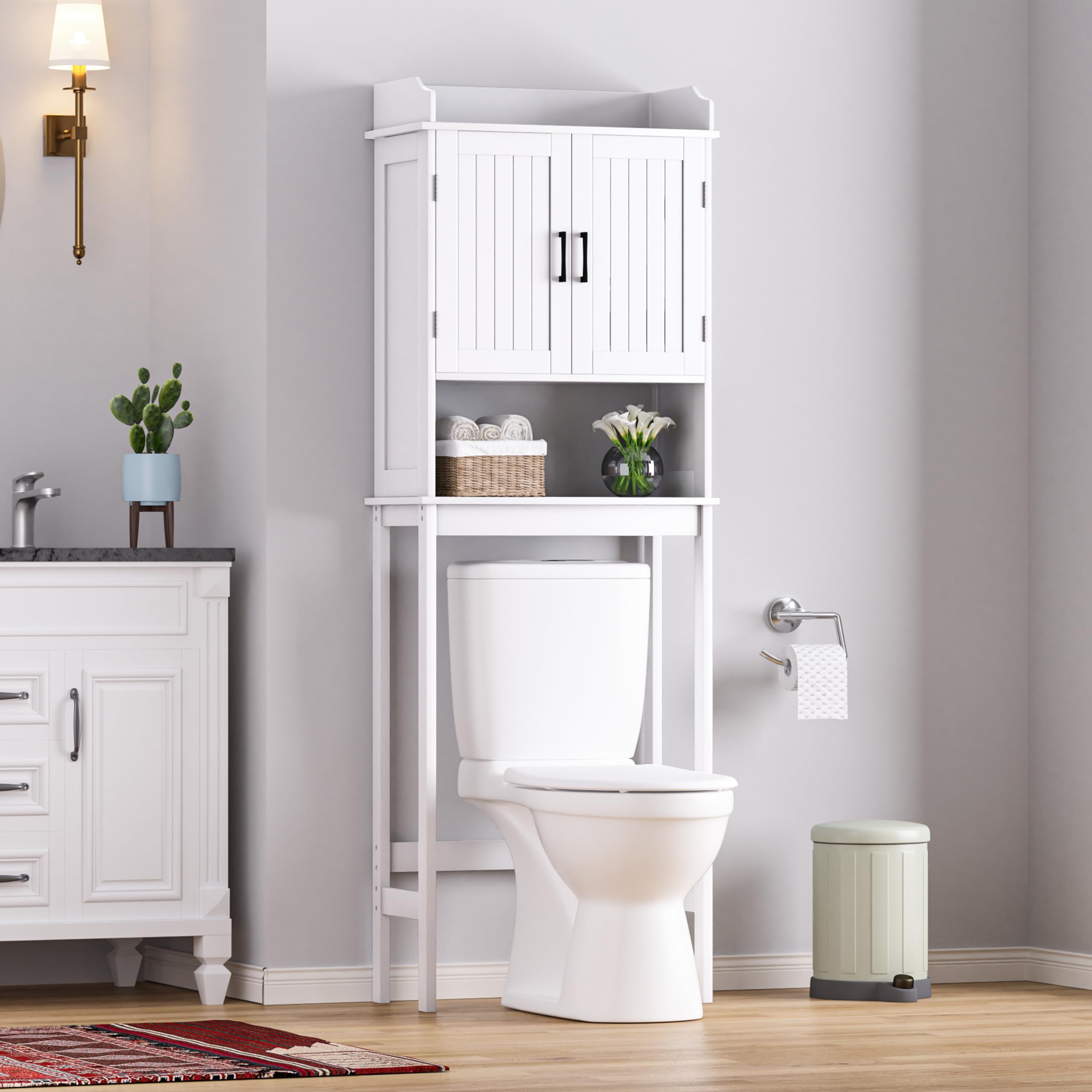 VEIKOU Over The Toilet Storage Cabinet, Bathroom Cabinet, Freestanding Over The Toilet Storage/Adjustable Shelf Rack, White